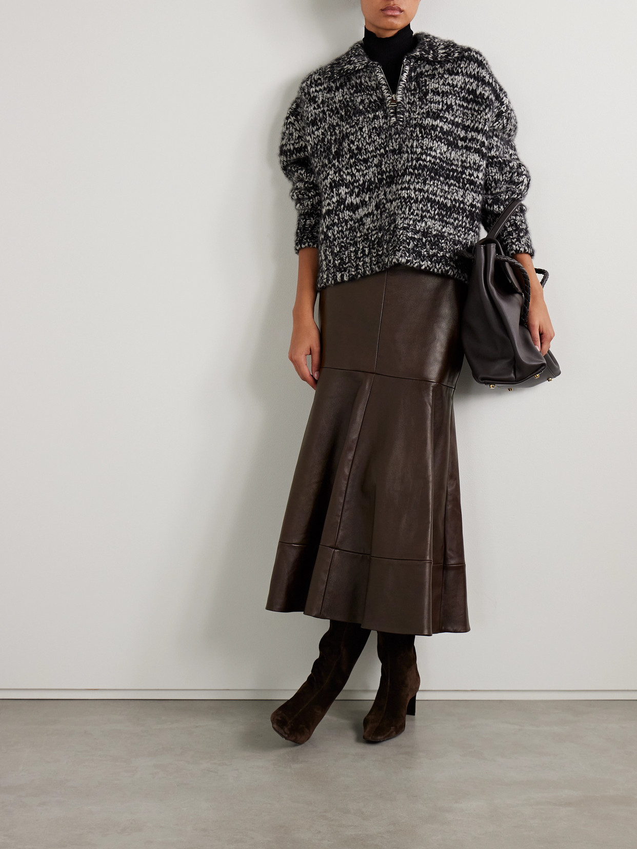 Brandon Maxwell The Preston Paneled Leather Midi Skirt In Brown