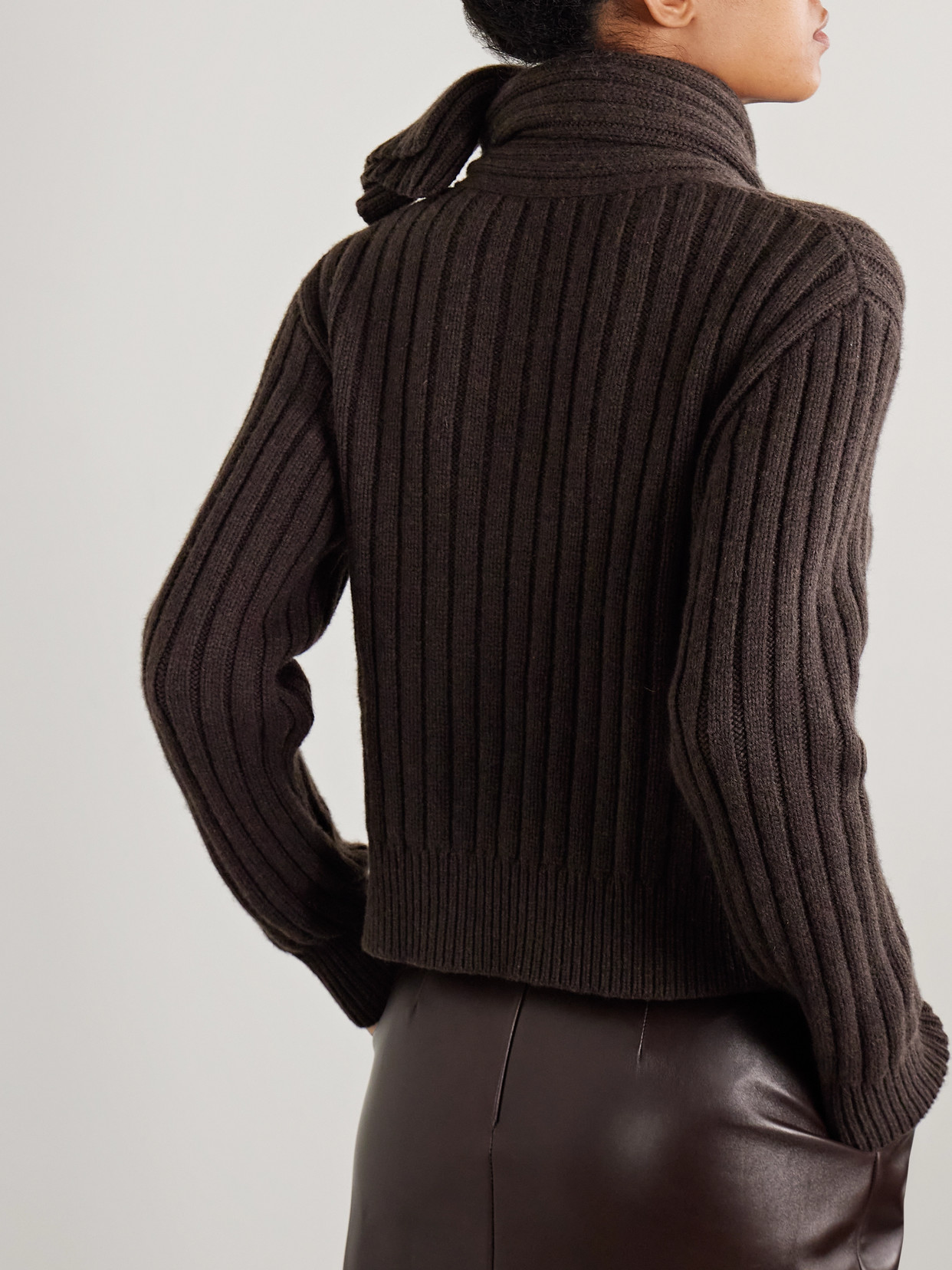 Brandon Maxwell The Ryan Scarf-detailed Ribbed Recycled-cashmere Sweater In Brown