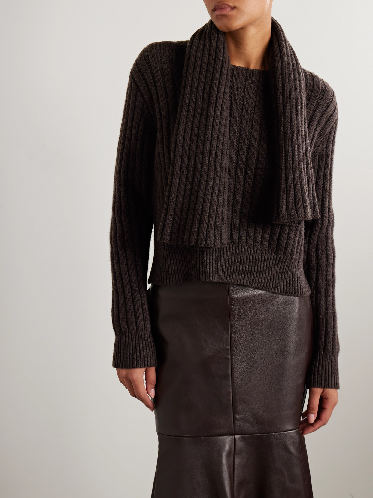 Brandon Maxwell The Ryan Scarf-detailed Ribbed Recycled-cashmere Sweater In Brown