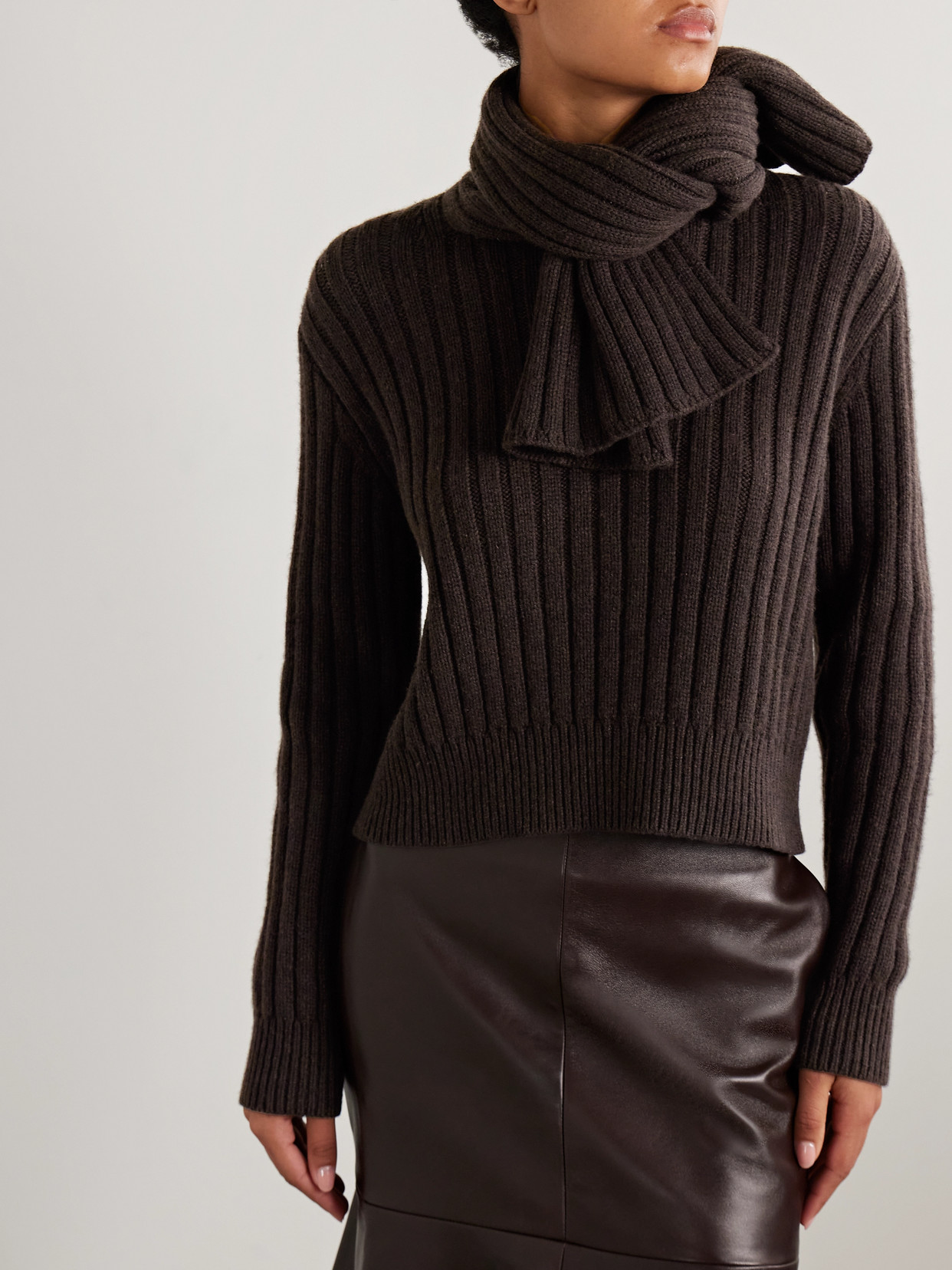 Brandon Maxwell The Ryan Scarf-detailed Ribbed Recycled-cashmere Sweater In Brown