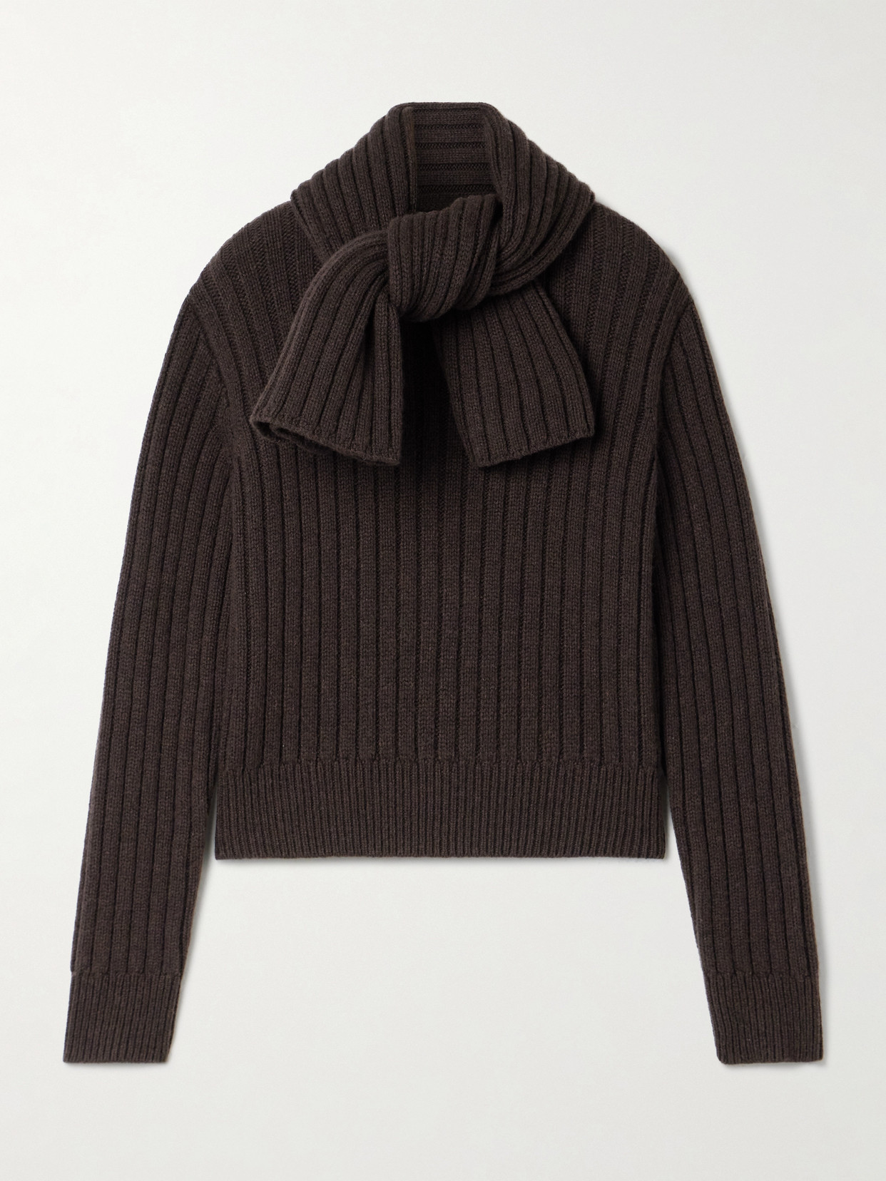 Brandon Maxwell The Ryan Scarf-detailed Ribbed Recycled-cashmere Sweater In Brown