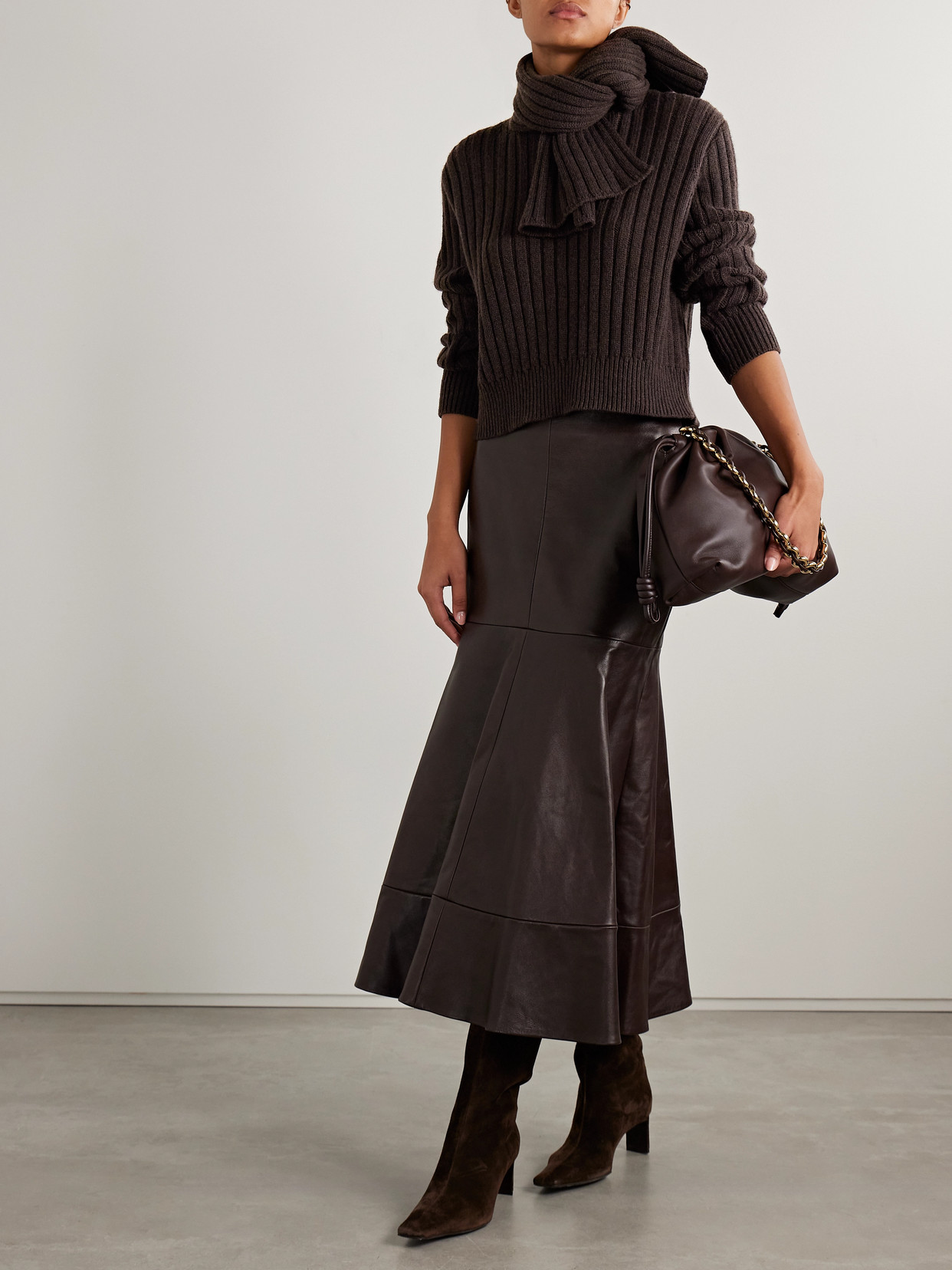 Brandon Maxwell The Ryan Scarf-detailed Ribbed Recycled-cashmere Sweater In Brown