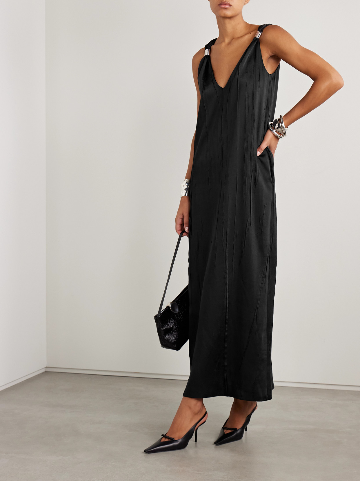 Brandon Maxwell The Keke Embellished Crinkled-satin Midi Dress In Black
