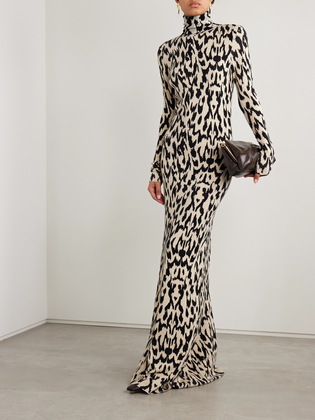 Brandon Maxwell The Camille Leopard-print Cashmere Turtleneck Maxi Dress In Multi