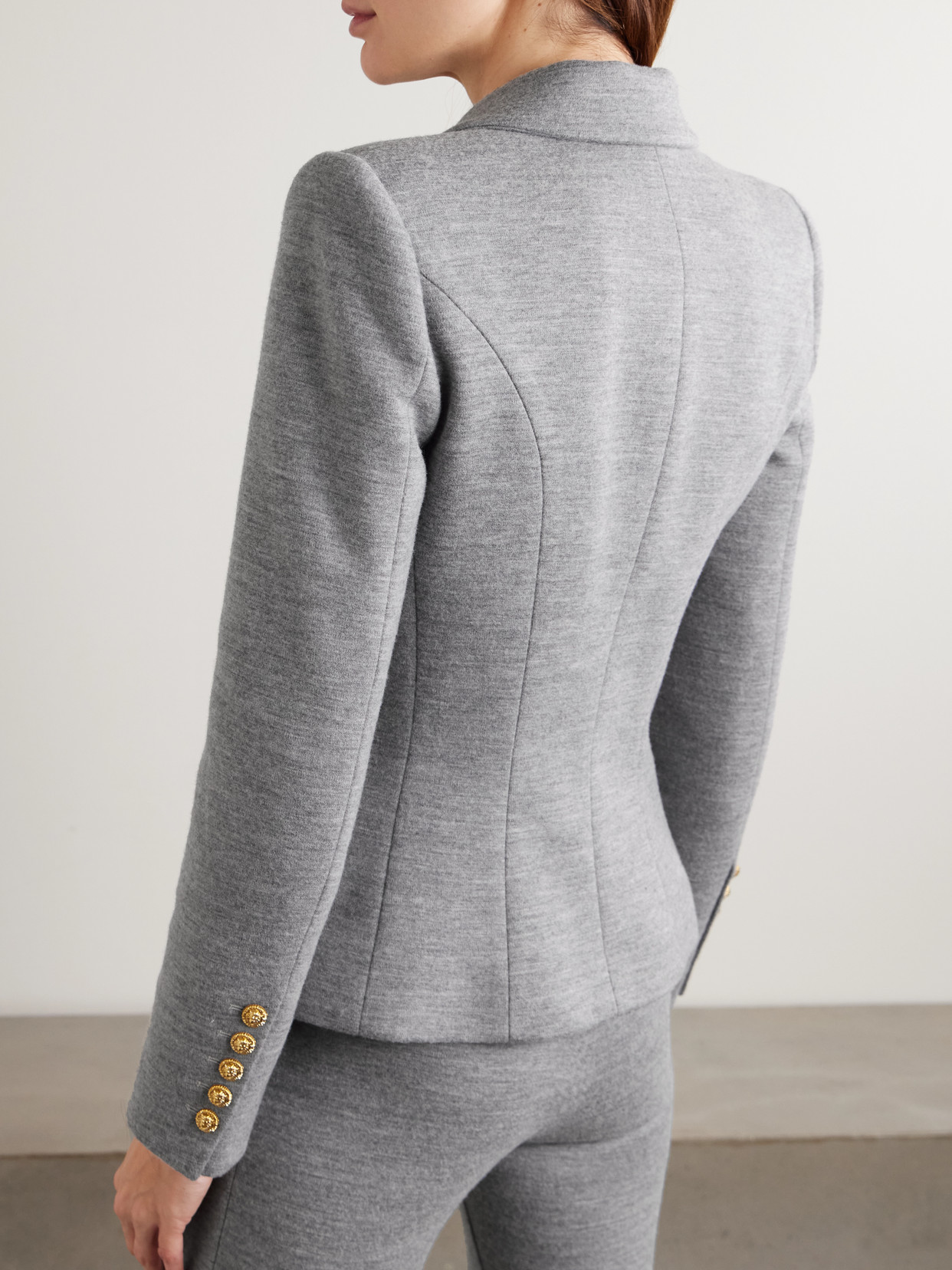Balmain Wool-blend Jersey Double-breasted Blazer In Gray