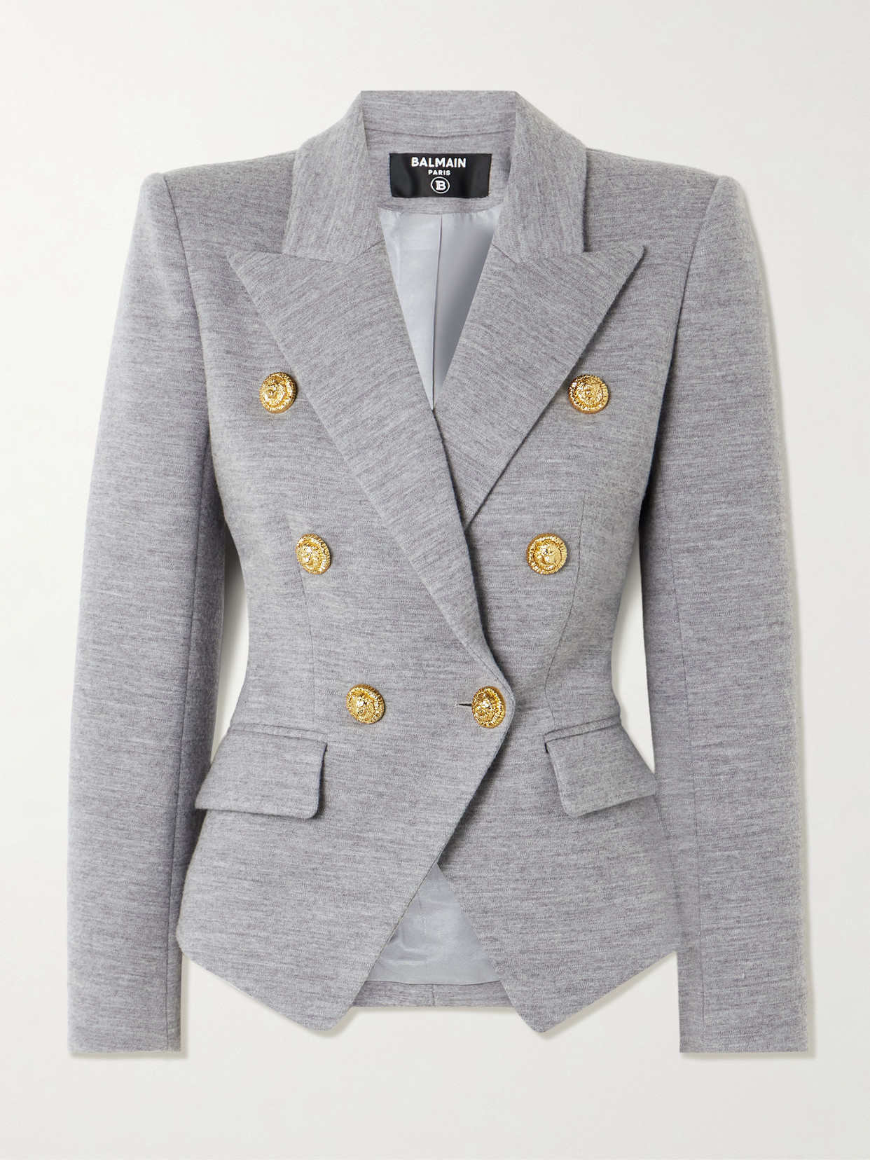 Balmain Wool-blend Jersey Double-breasted Blazer In Gray