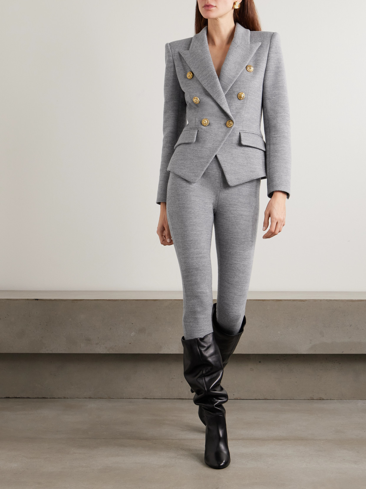 Balmain Wool-blend Jersey Double-breasted Blazer In Gray