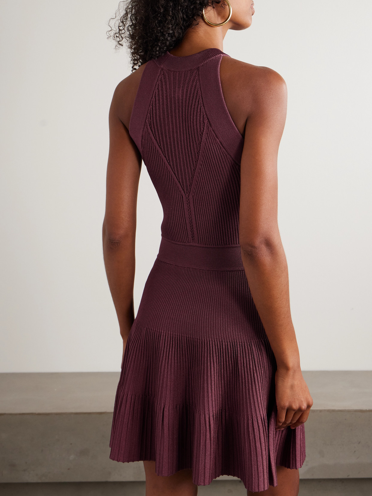 Balmain Sleeveless Flared Dress In Openwork Knit In Purple