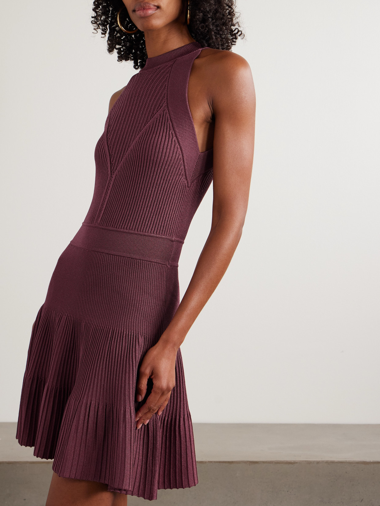 Balmain Sleeveless Flared Dress In Openwork Knit In Purple