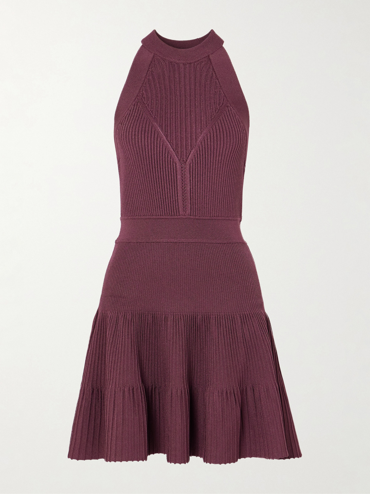 Balmain Sleeveless Flared Dress In Openwork Knit In Purple