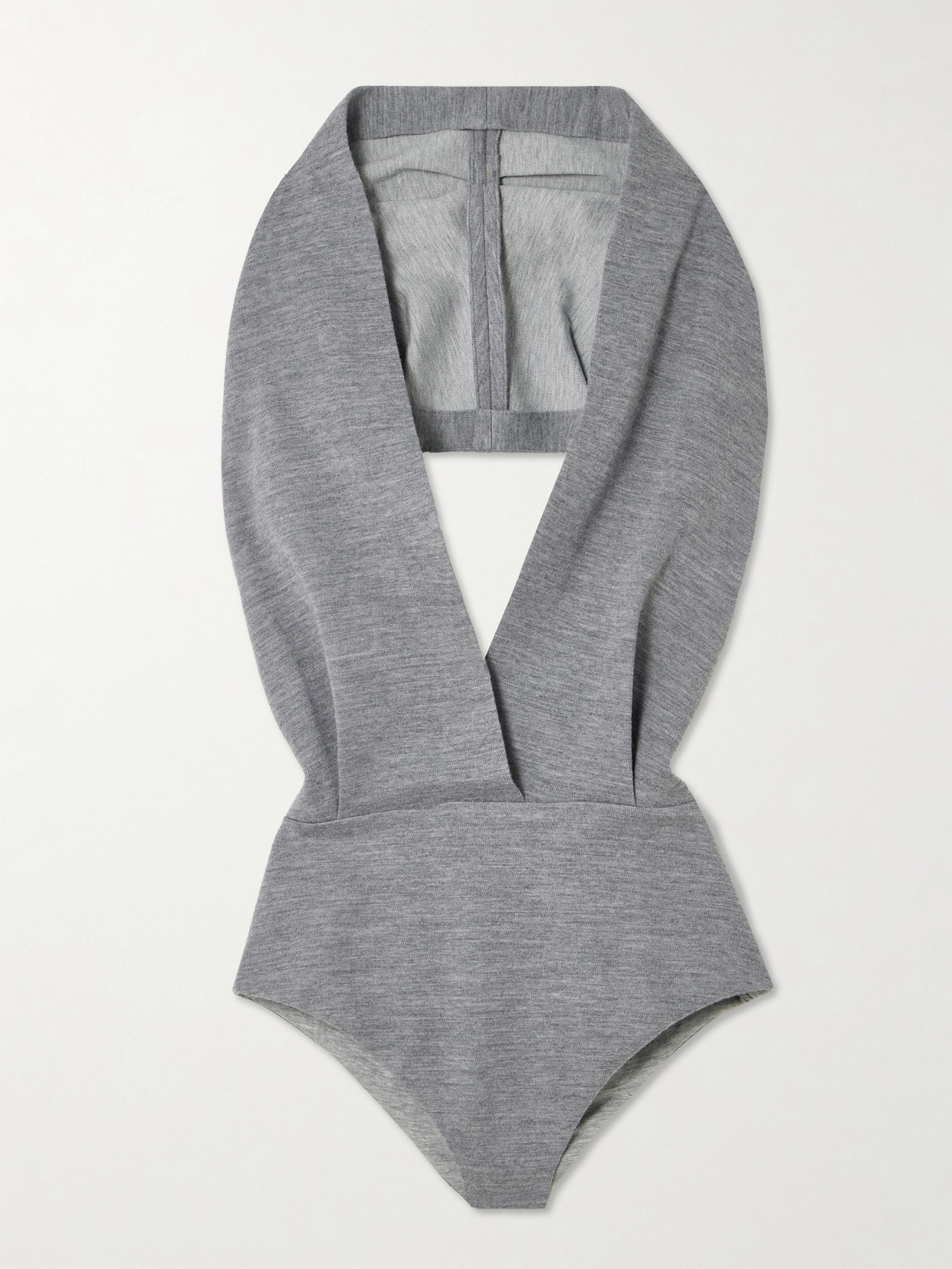 Balmain Hooded Open-back Draped Wool-blend Jersey Bodysuit In Gray