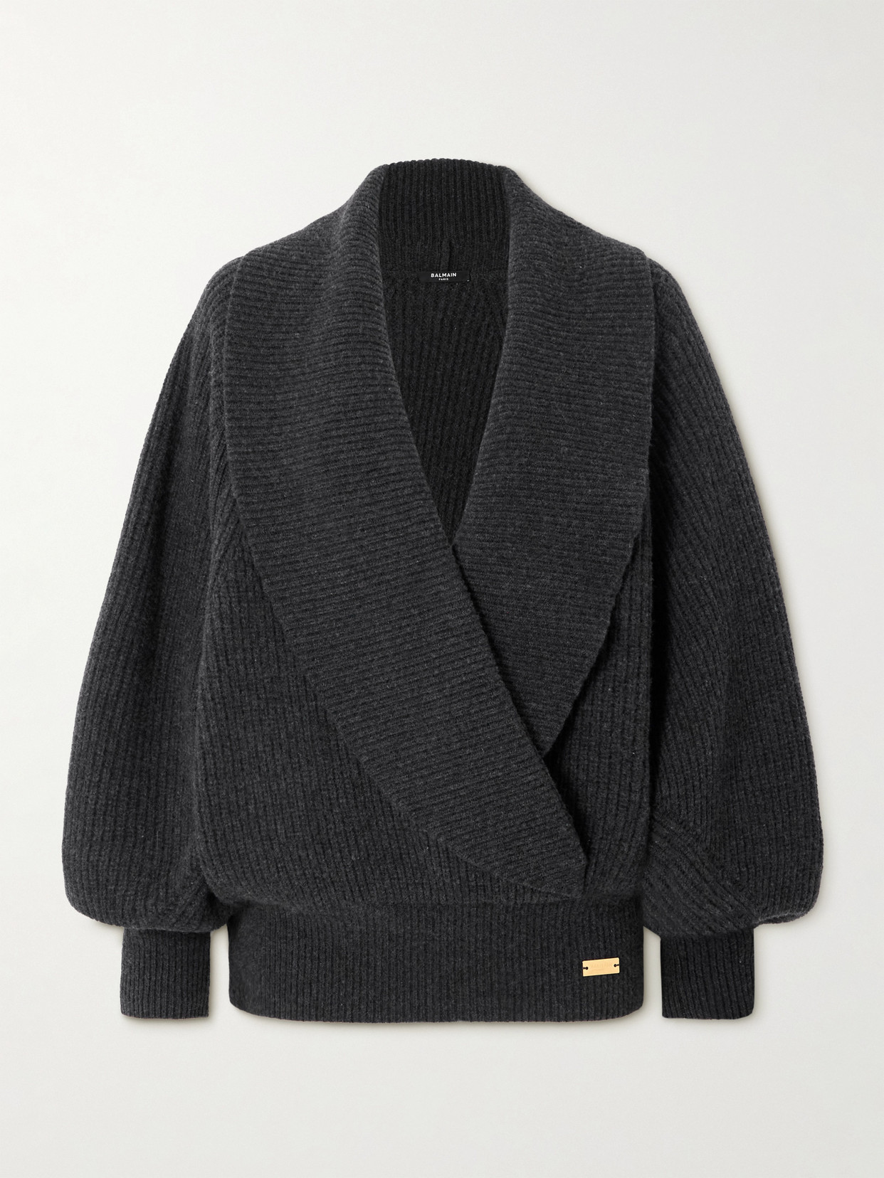Balmain Oversized Ribbed Knit Pullover With Shawl Collar In Gray