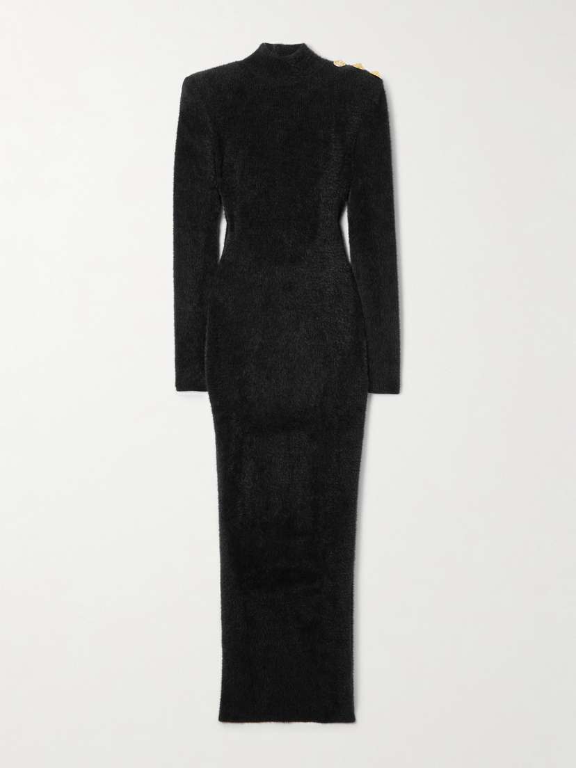 Balmain Button-embellished Open-back Brushed Knitted Midi Dress