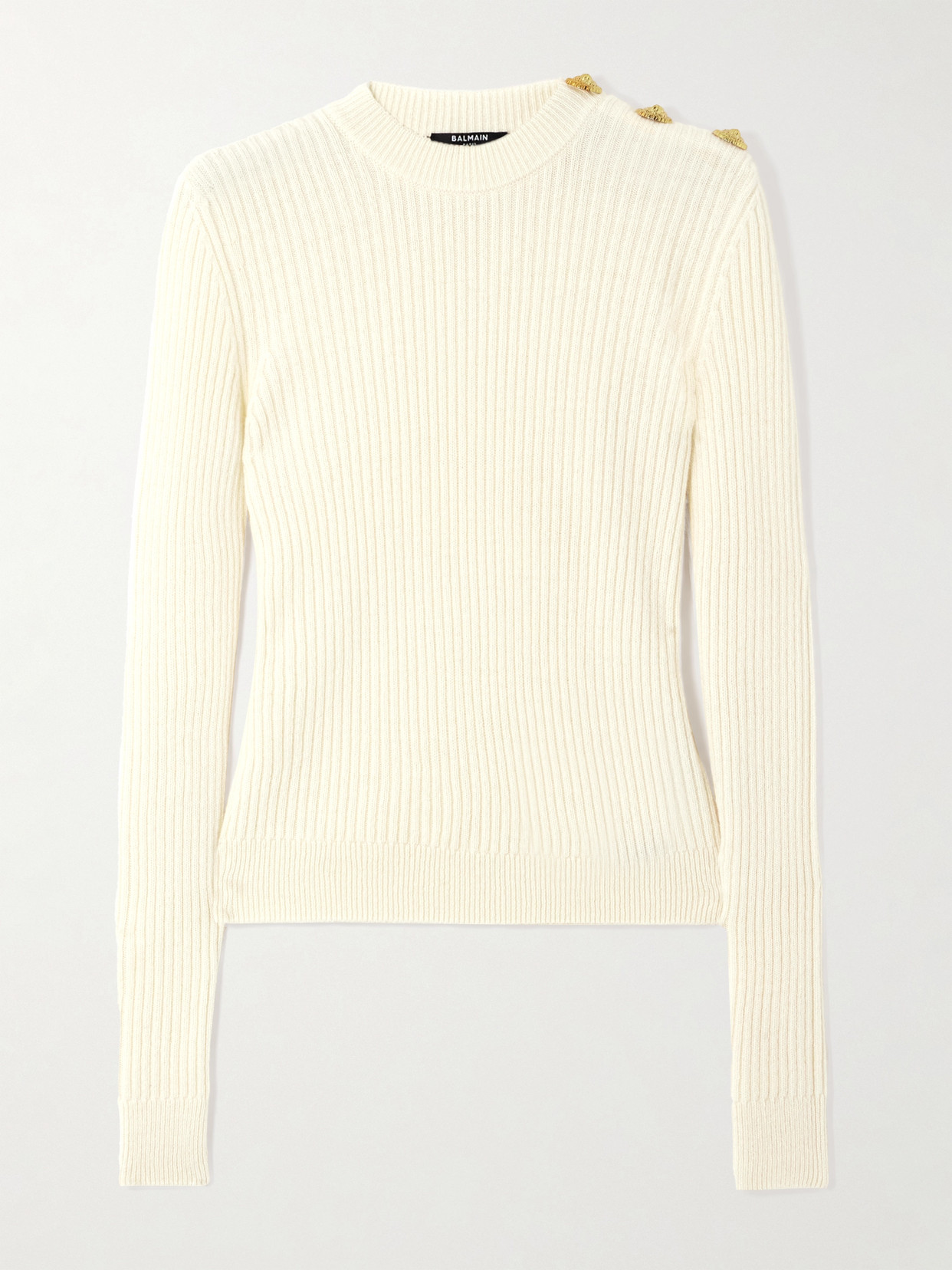 Balmain Button-embellished Ribbed Wool And Cashmere-blend Sweater In Neutral