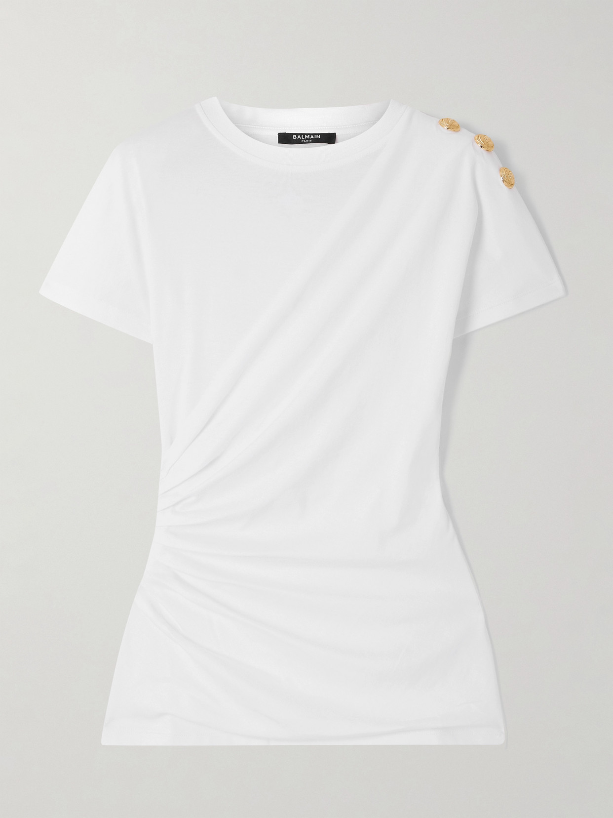 Balmain Button-embellished Draped Printed Cotton-jersey T-shirt In White