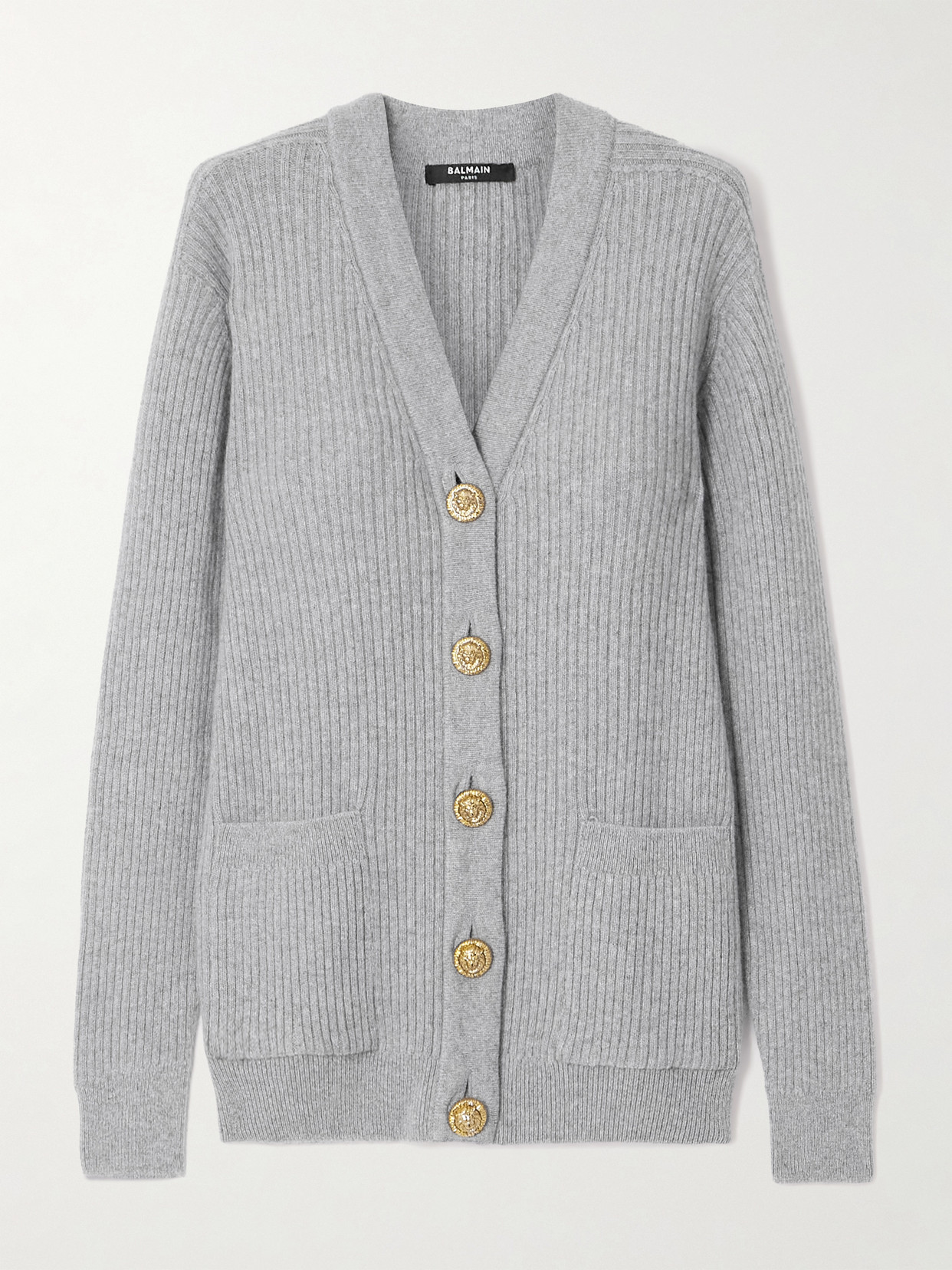 Balmain Ribbed Wool And Cashmere-blend Cardigan In Gray