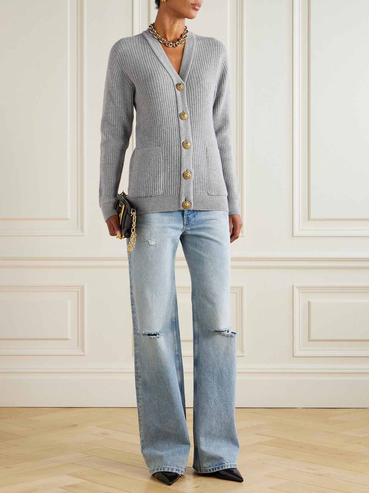 Balmain Ribbed Wool And Cashmere-blend Cardigan In Gray