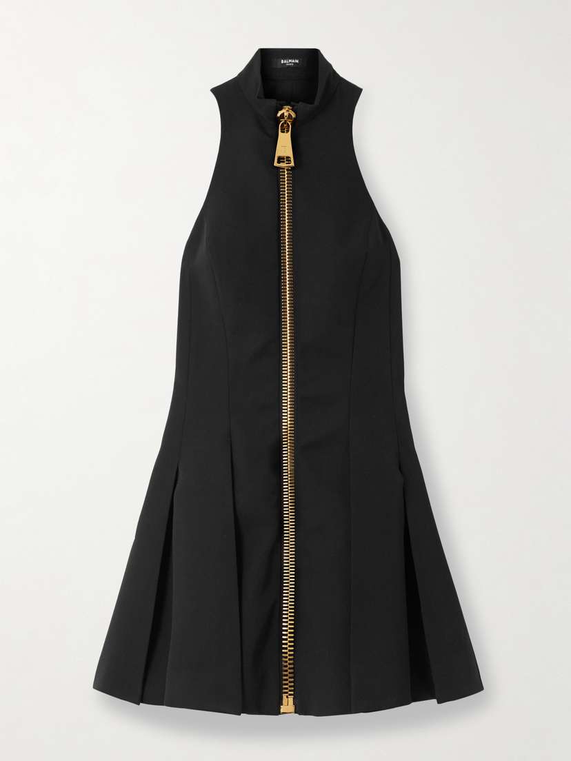 Balmain Zip-detailed Pleated Grain De Poudre Wool Mini Dress