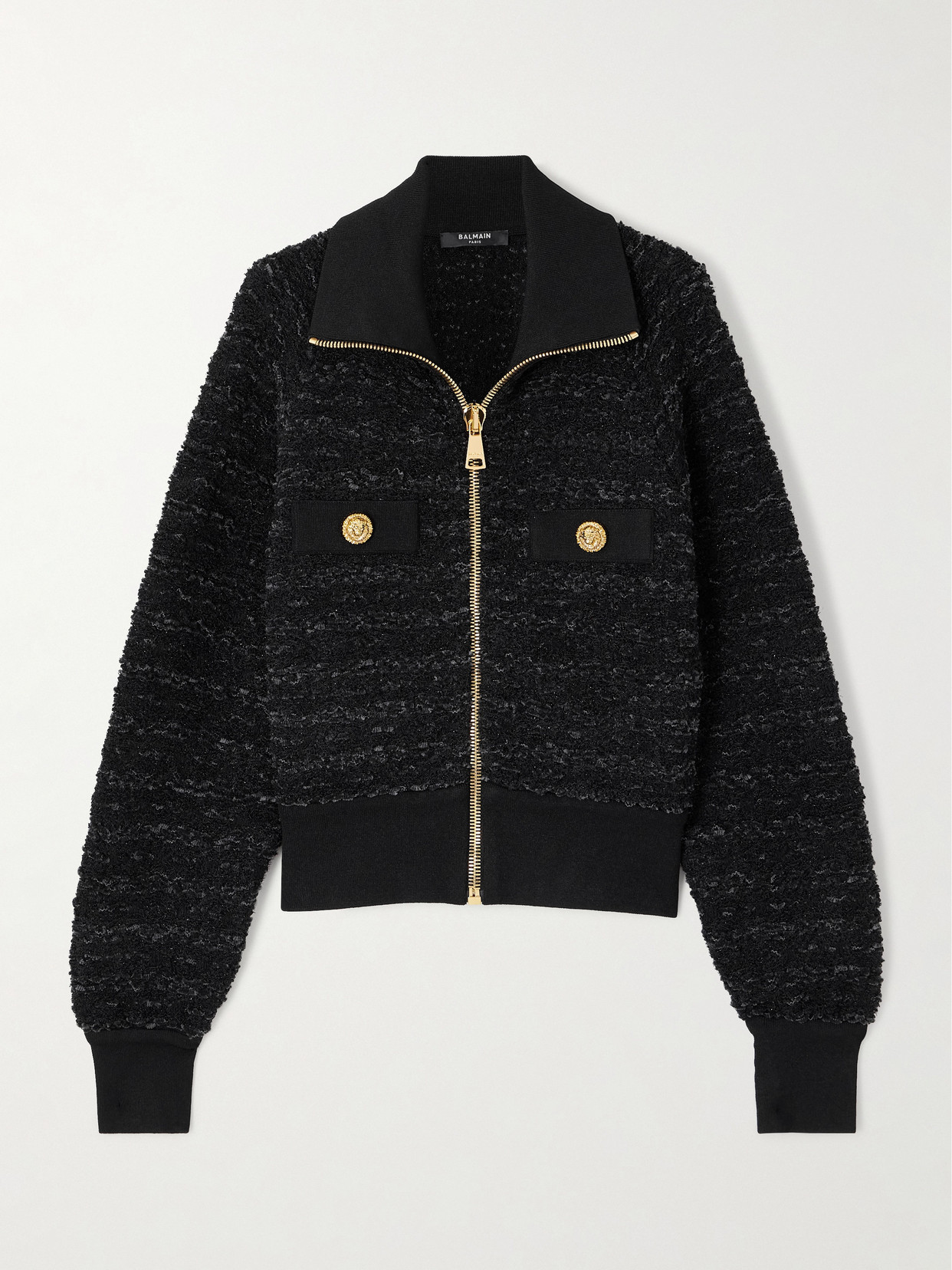 Balmain Tweed Bomber Jacket In Black