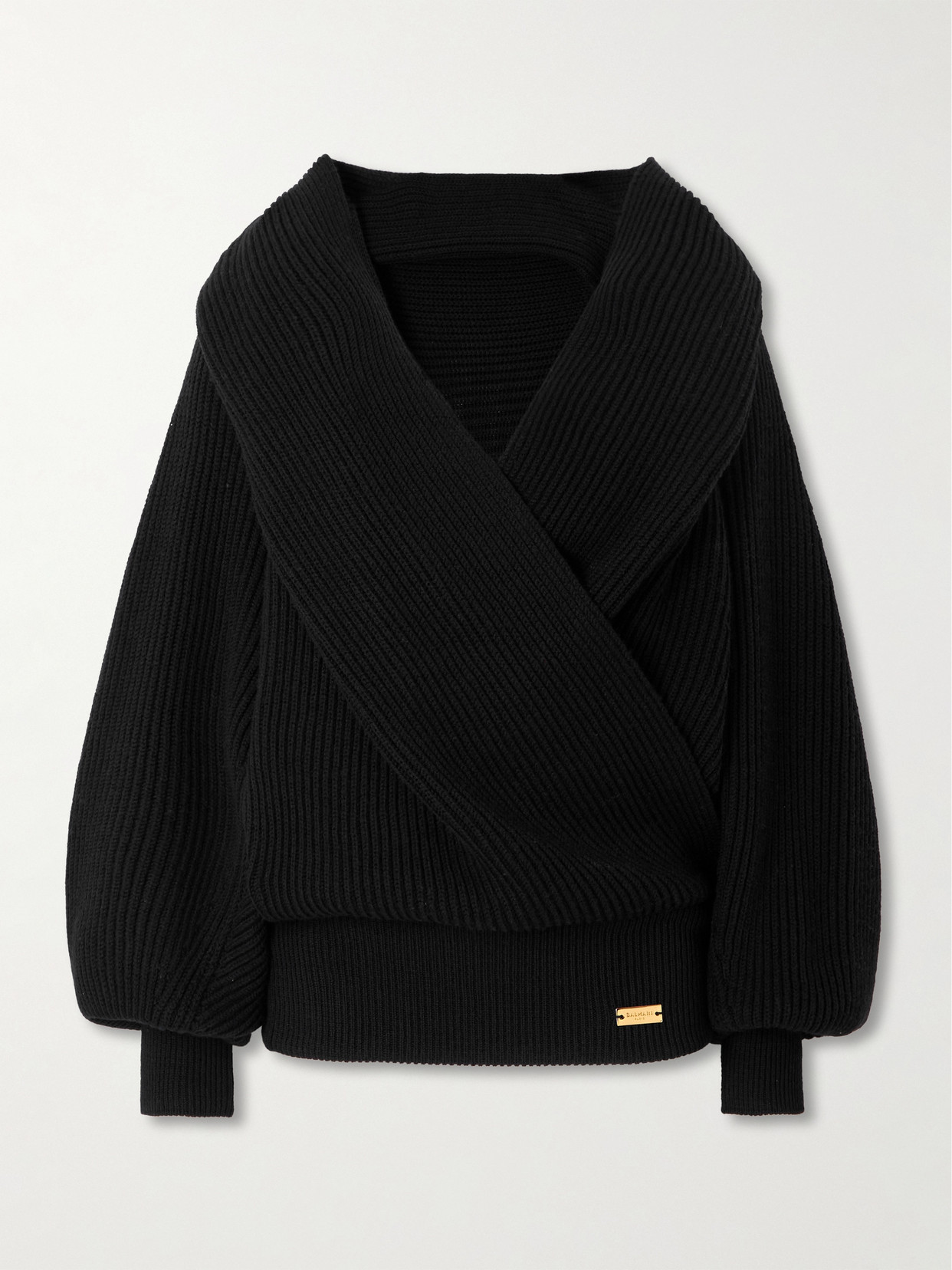 Balmain Wrap-effect Ribbed Wool Hoodie In Black