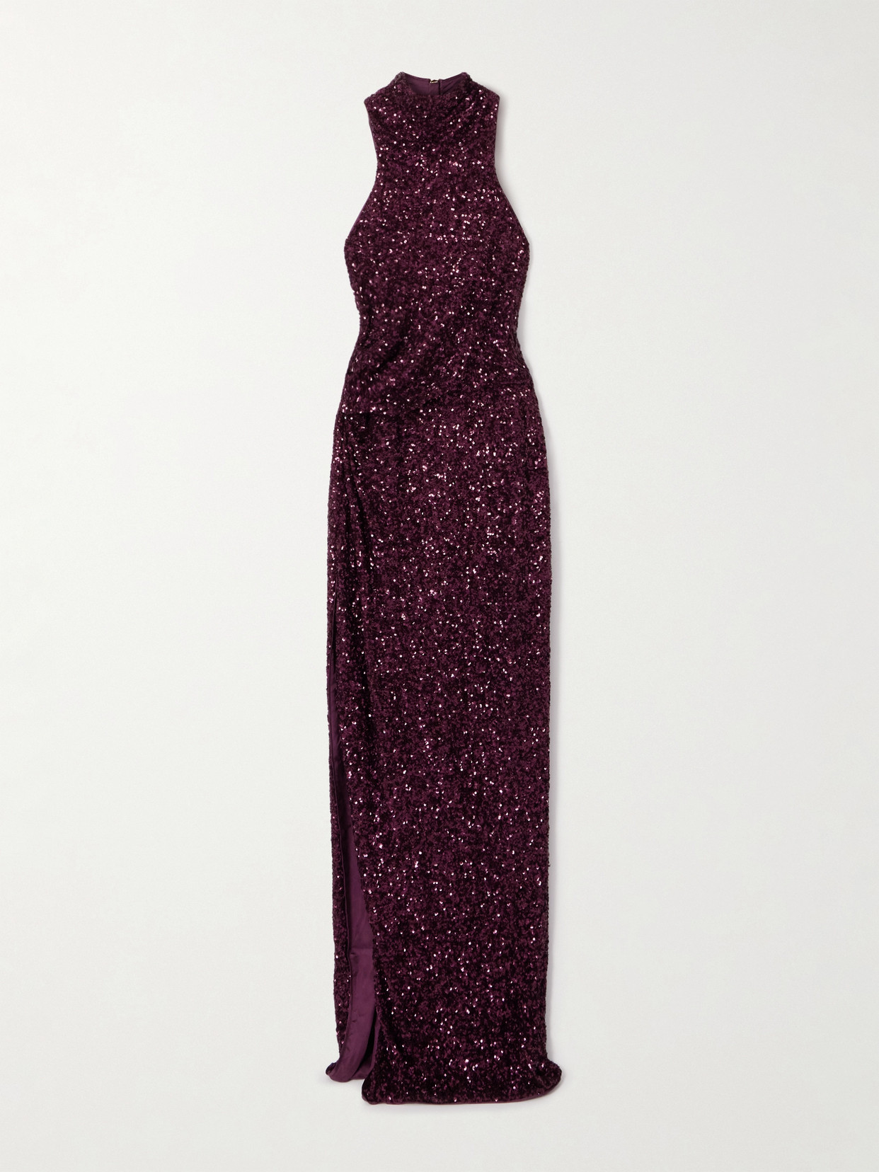 Balmain Gathered Sequined Stretch-tulle Halterneck Gown In Purple