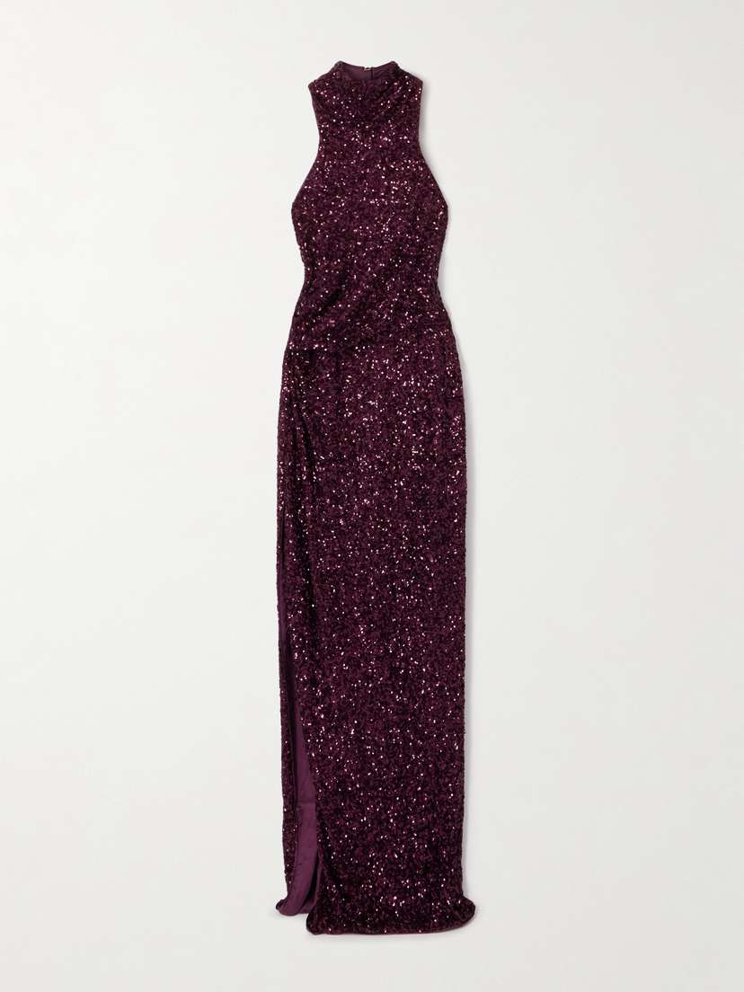 Balmain Gathered Sequined Stretch-tulle Halterneck Gown