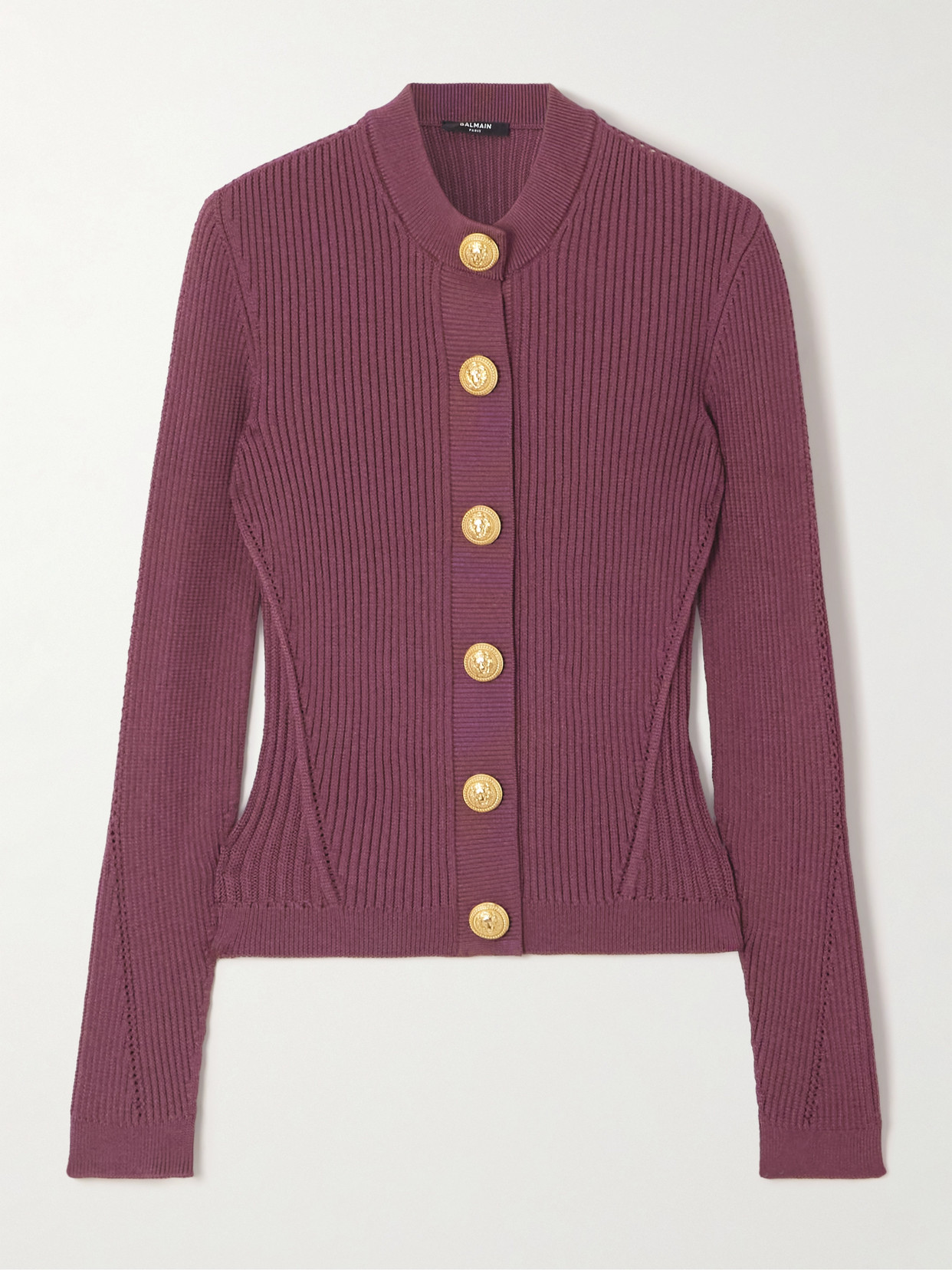 Balmain Ribbed-knit Cardigan In Burgundy
