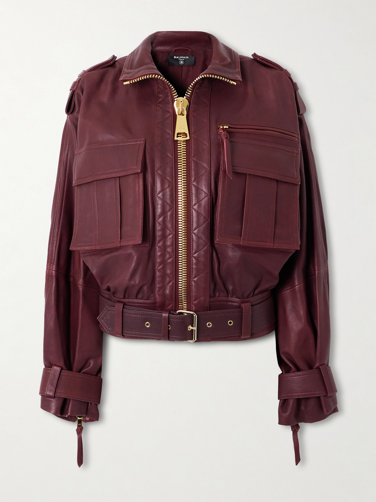 Balmain Belted Leather Bomber Jacket In Burgundy