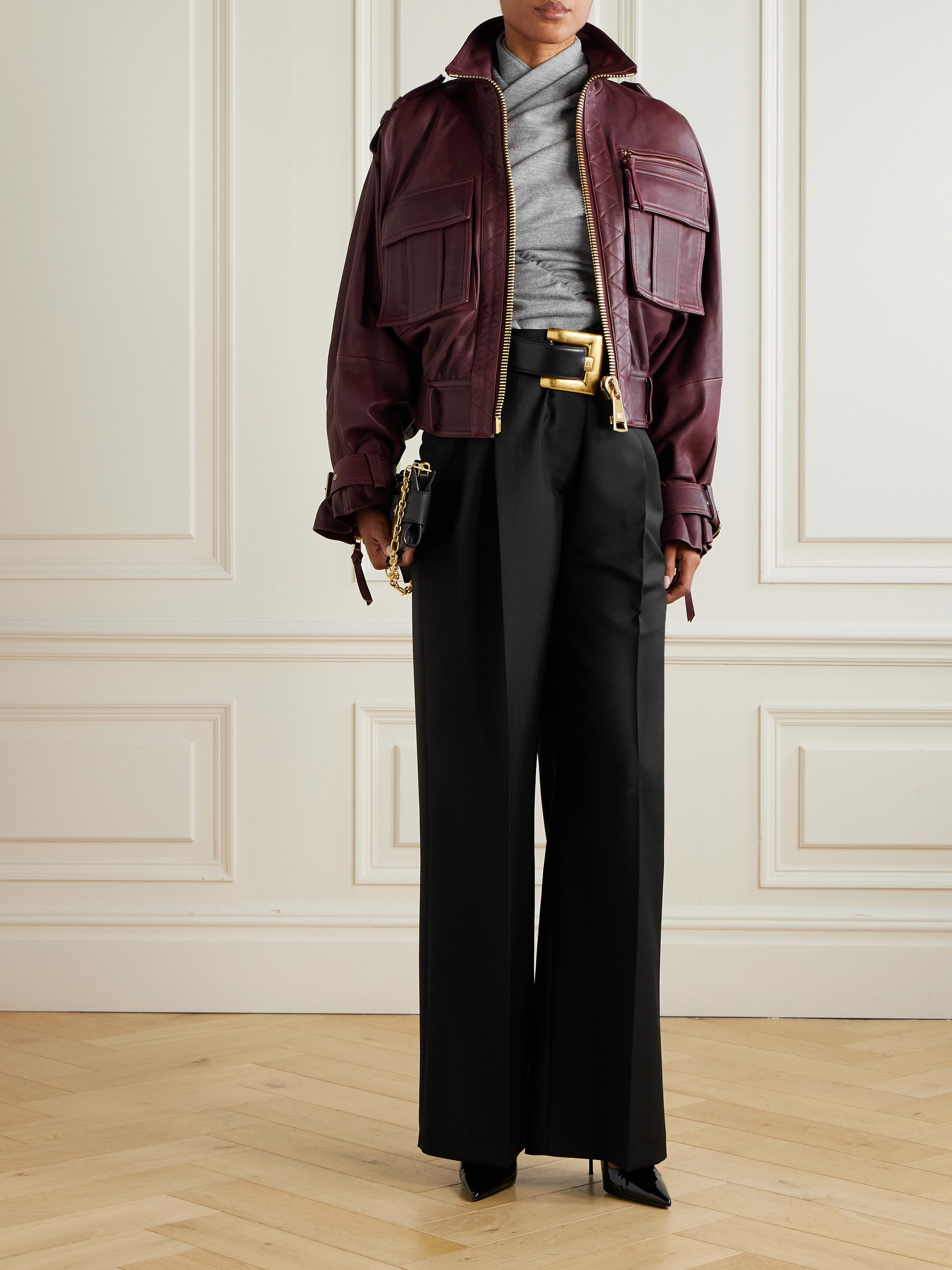 Balmain Belted leather bomber jacket thumbnail