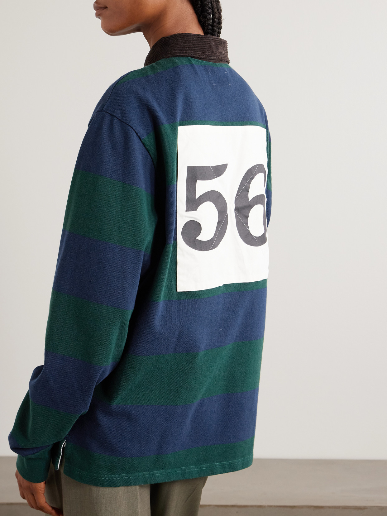 Aimé Leon Dore Script Embroidered Printed Striped Corduroy-trimmed Cotton Rugby Shirt In Green