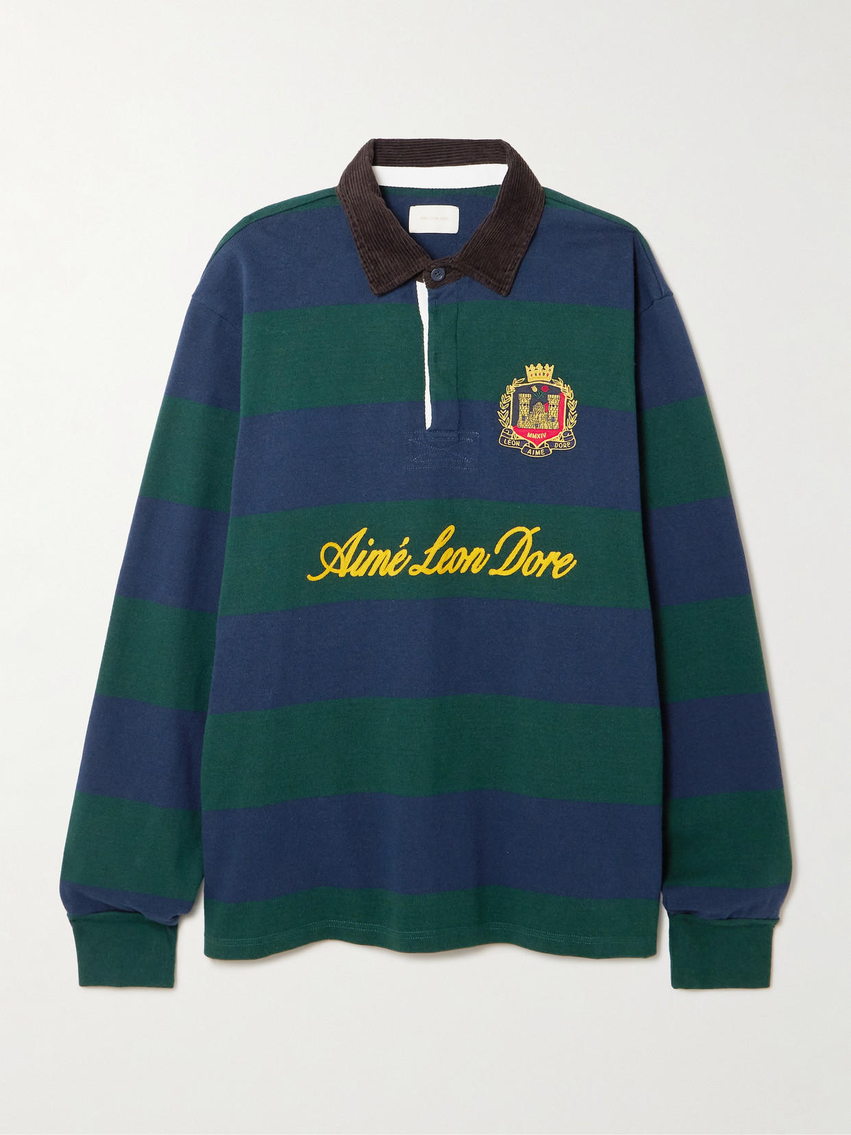 Aimé Leon Dore Script Embroidered Printed Striped Corduroy-trimmed Cotton Rugby Shirt In Green