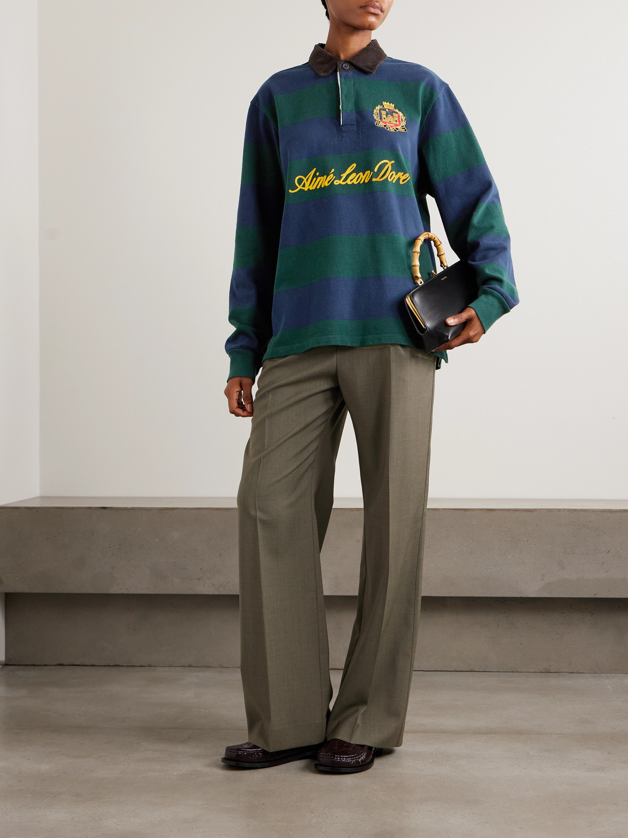 Aimé Leon Dore Script Embroidered Printed Striped Corduroy-trimmed Cotton Rugby Shirt In Green