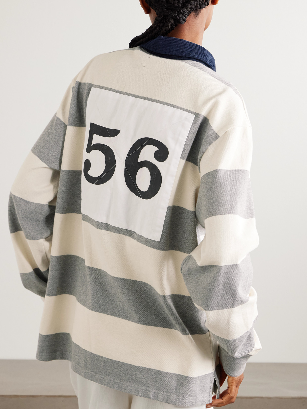 Aimé Leon Dore Script Embroidered Printed Striped Corduroy-trimmed Cotton Rugby Shirt In Gray