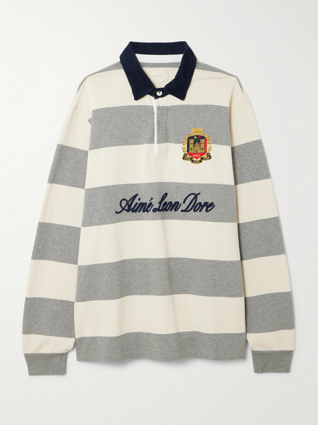 Aimé Leon Dore Script Embroidered Printed Striped Corduroy-trimmed Cotton Rugby Shirt In Gray
