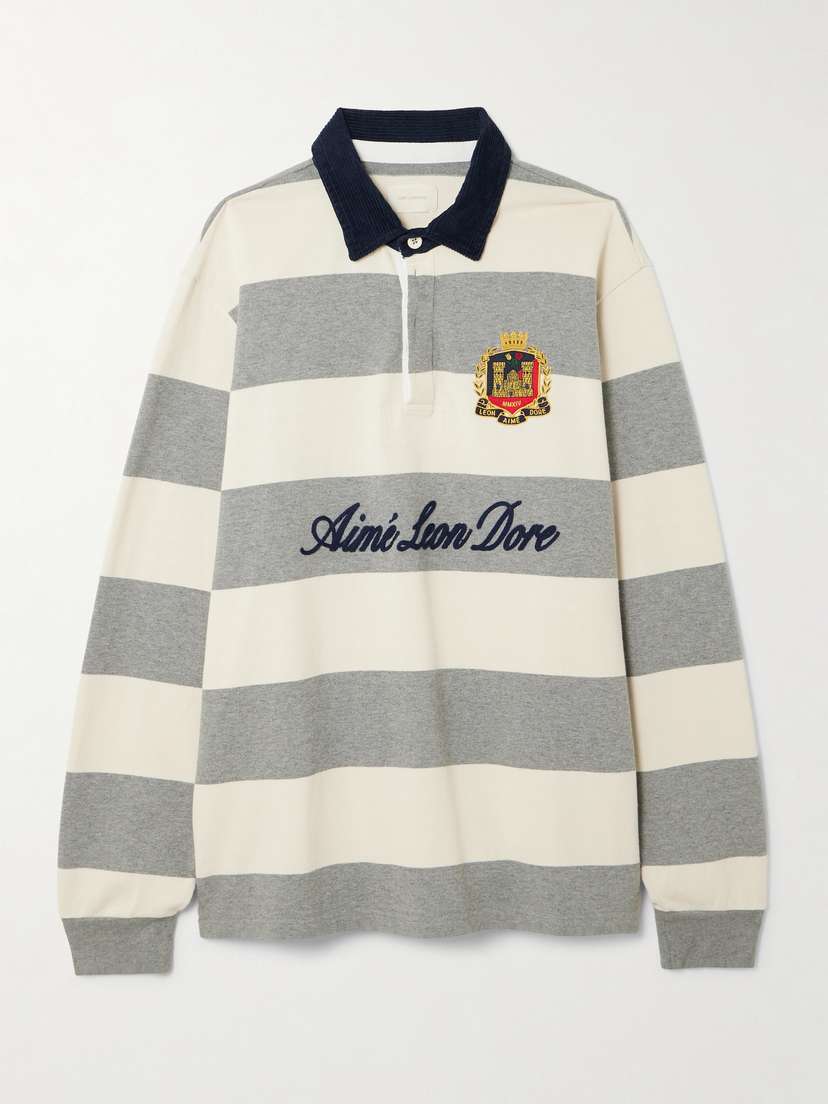 Aimé Leon Dore Script Embroidered Printed Striped Corduroy-trimmed Cotton Rugby Shirt