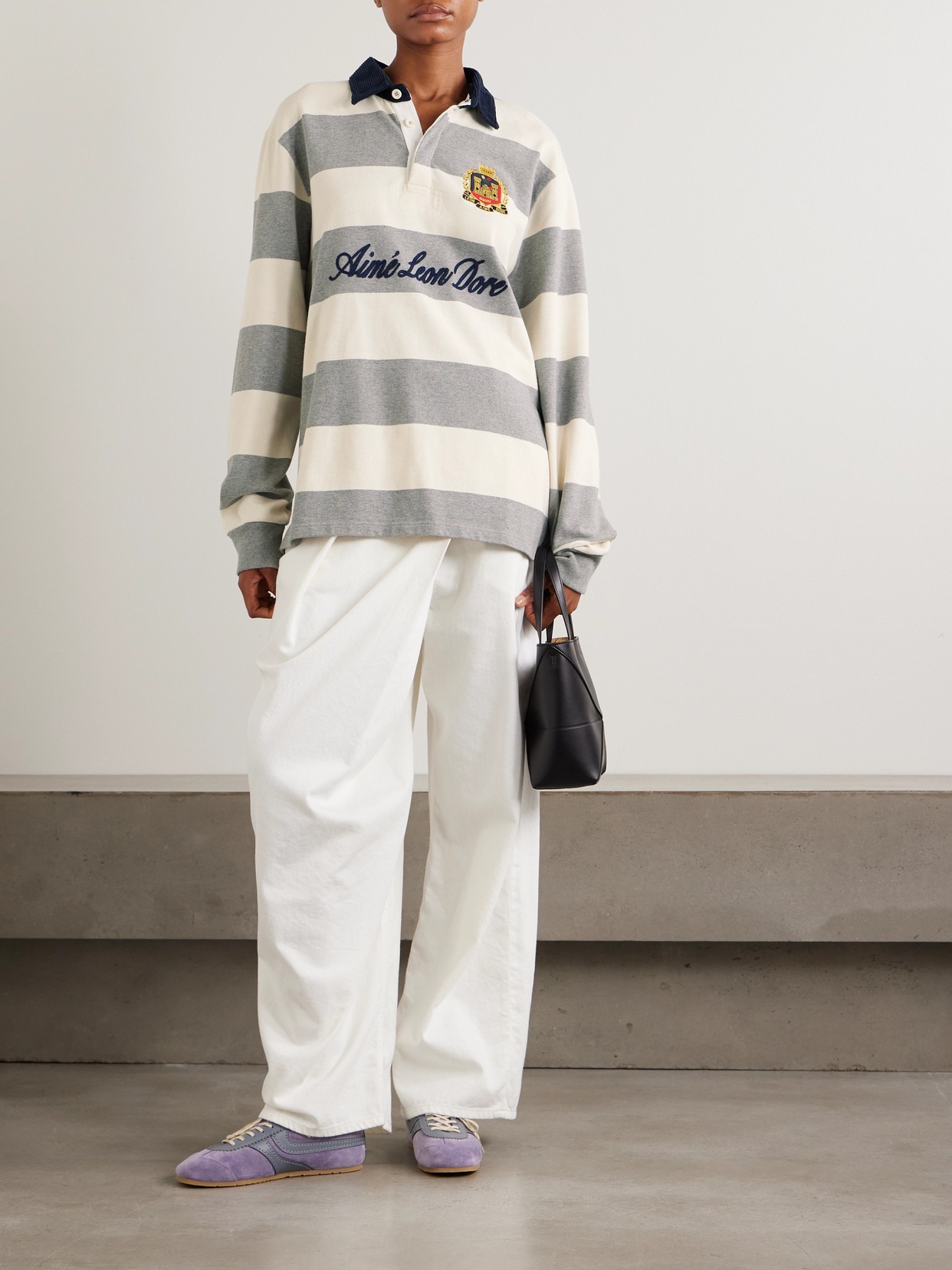 Aimé Leon Dore Script Embroidered Printed Striped Corduroy-trimmed Cotton Rugby Shirt In Gray