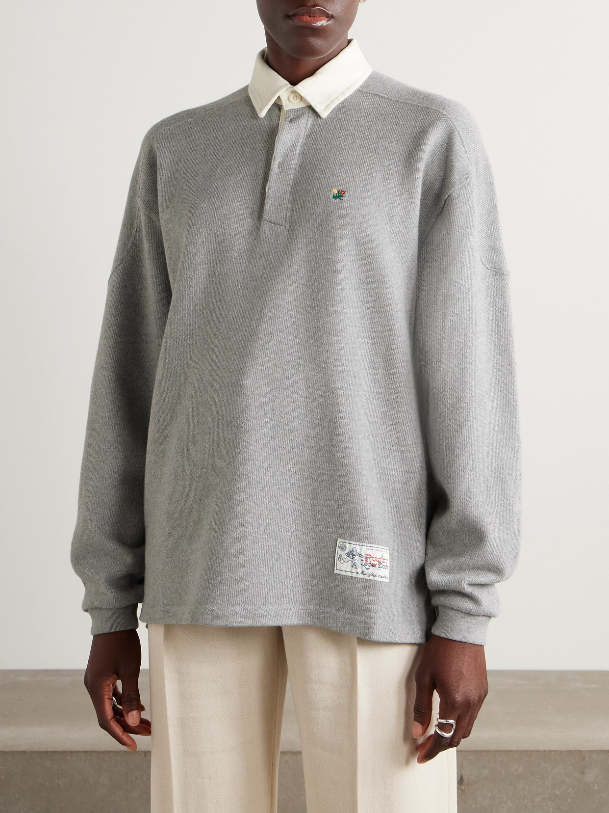 Aimé Leon Dore Crest Embroidered Ribbed Cotton Polo Shirt In Gray