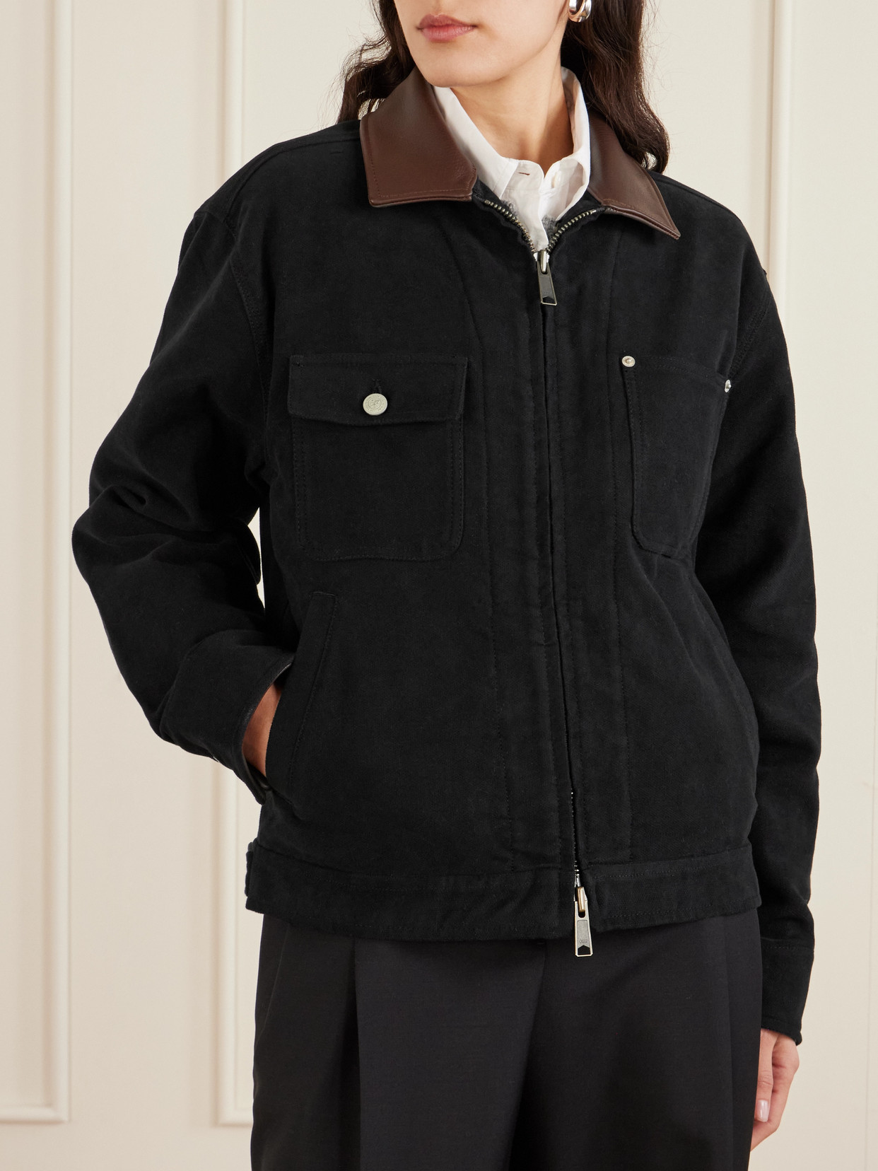 Aimé Leon Dore Ranch Leather-trimmed Cotton-canvas Jacket In Black