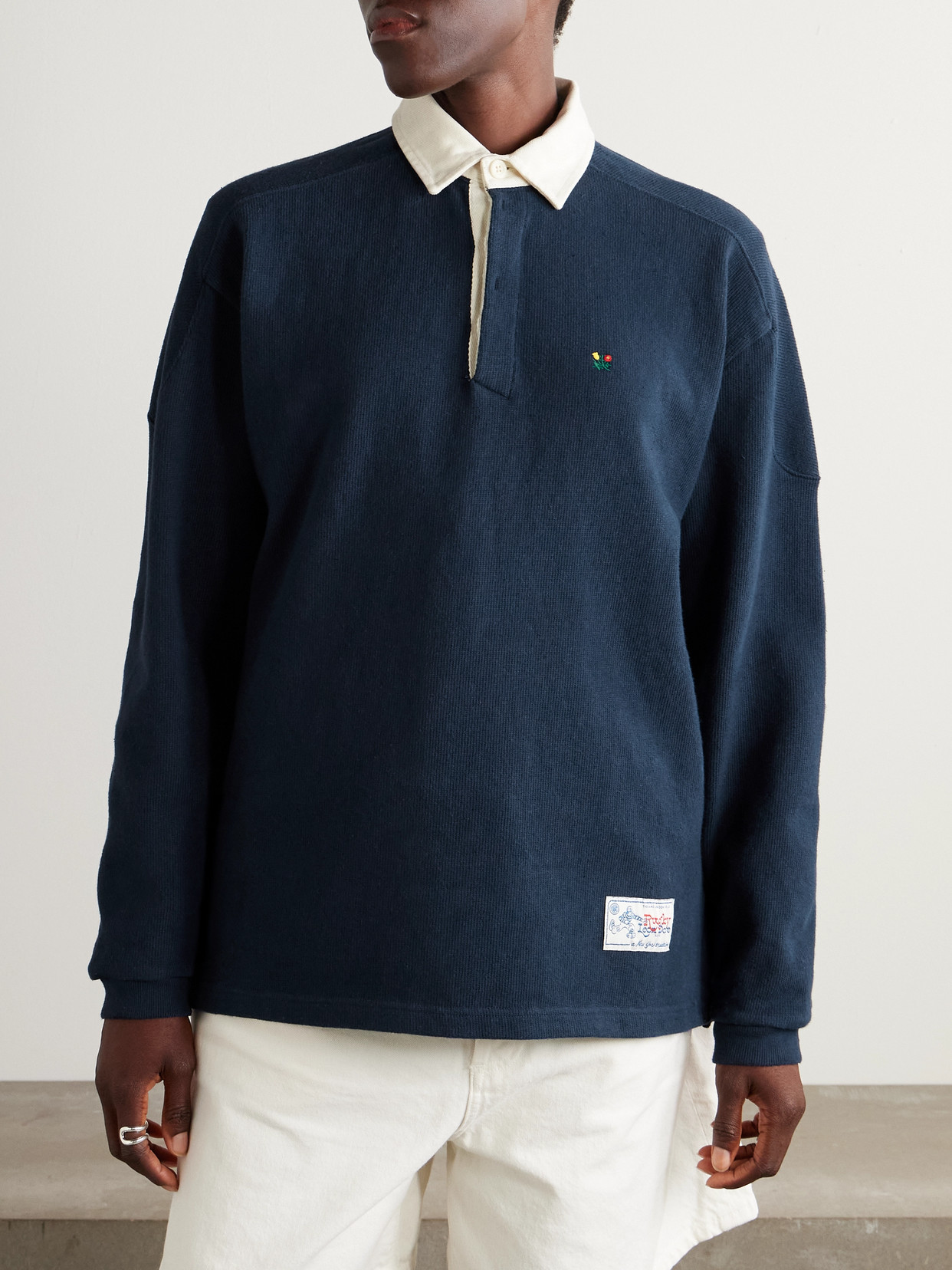 Aimé Leon Dore Crest Embroidered Ribbed Cotton Polo Shirt In Blue