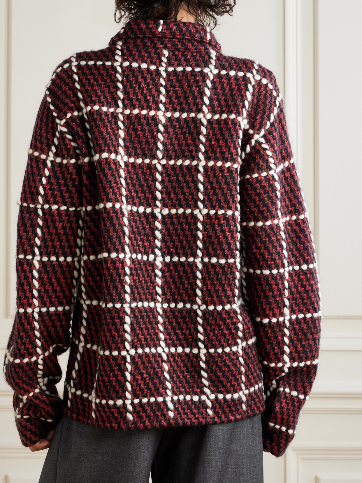 Aimé Leon Dore Embroidered Checked Merino Wool-blend Cardigan In Burgundy
