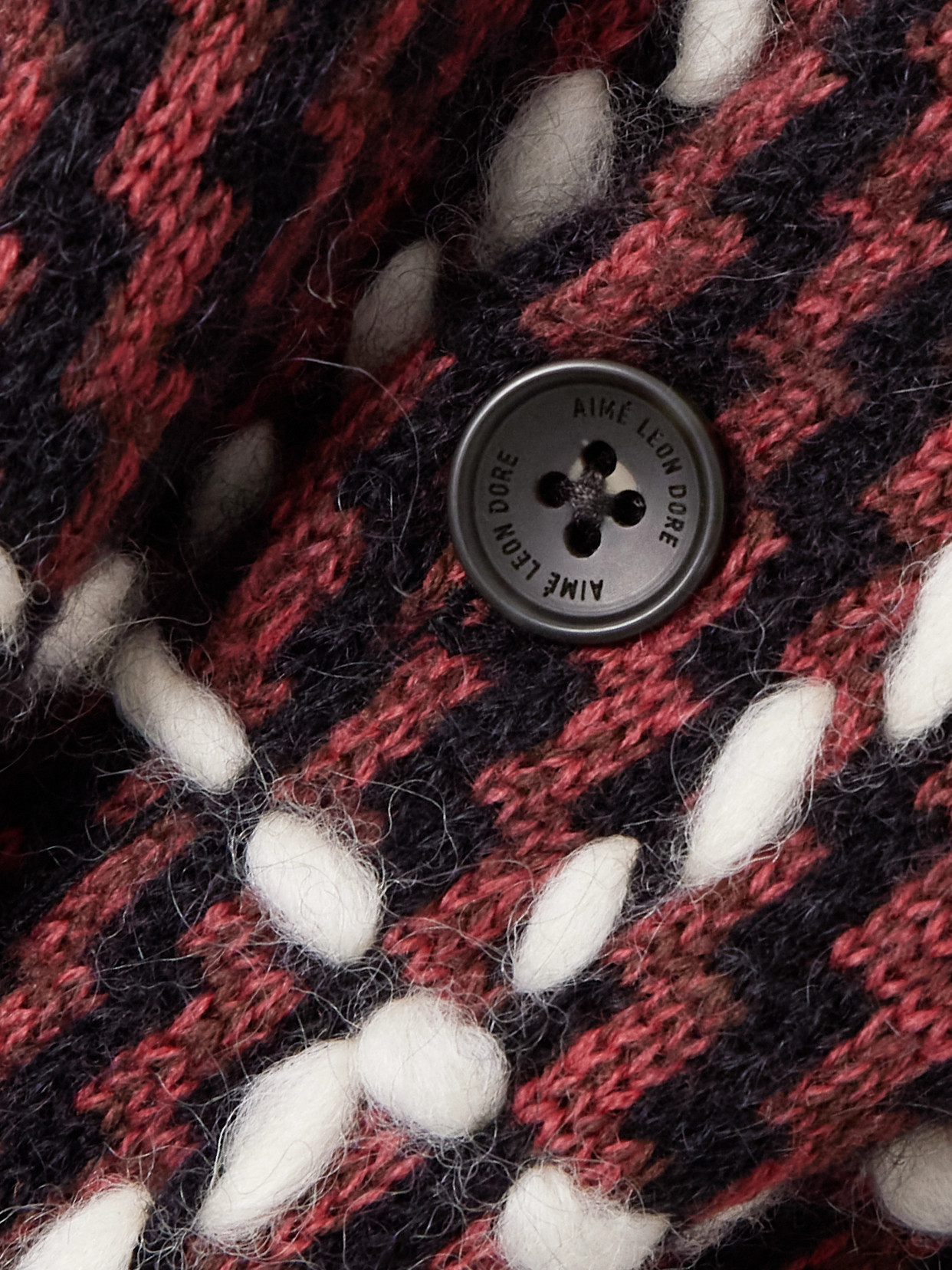 Aimé Leon Dore Embroidered Checked Merino Wool-blend Cardigan In Burgundy