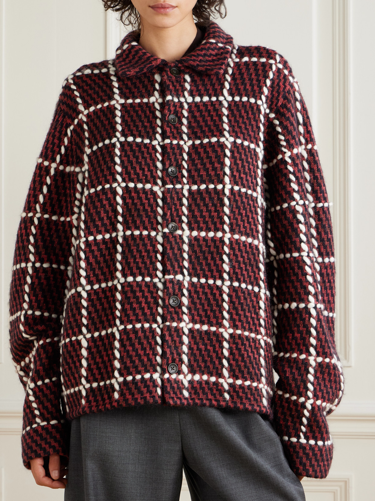 Aimé Leon Dore Embroidered Checked Merino Wool-blend Cardigan In Burgundy