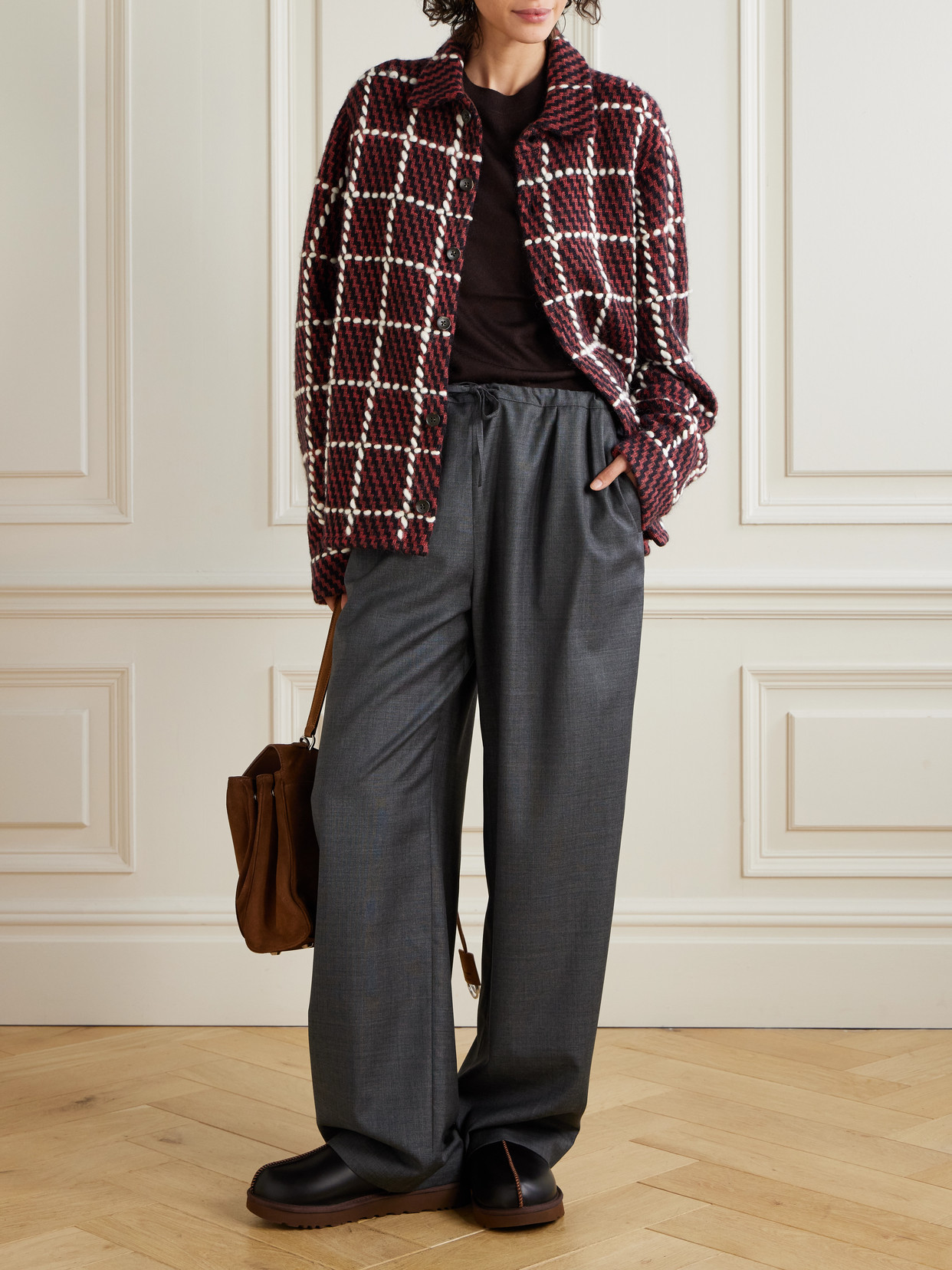Aimé Leon Dore Embroidered Checked Merino Wool-blend Cardigan In Burgundy
