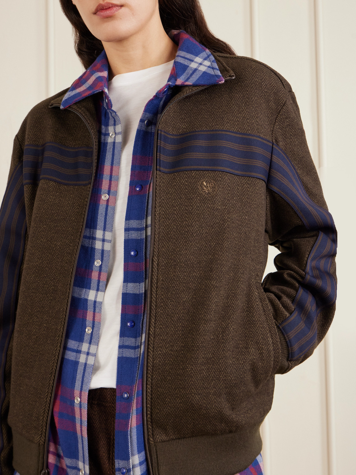 Aimé Leon Dore Striped Herringbone Wool And Cotton-blend Track Jacket In Brown