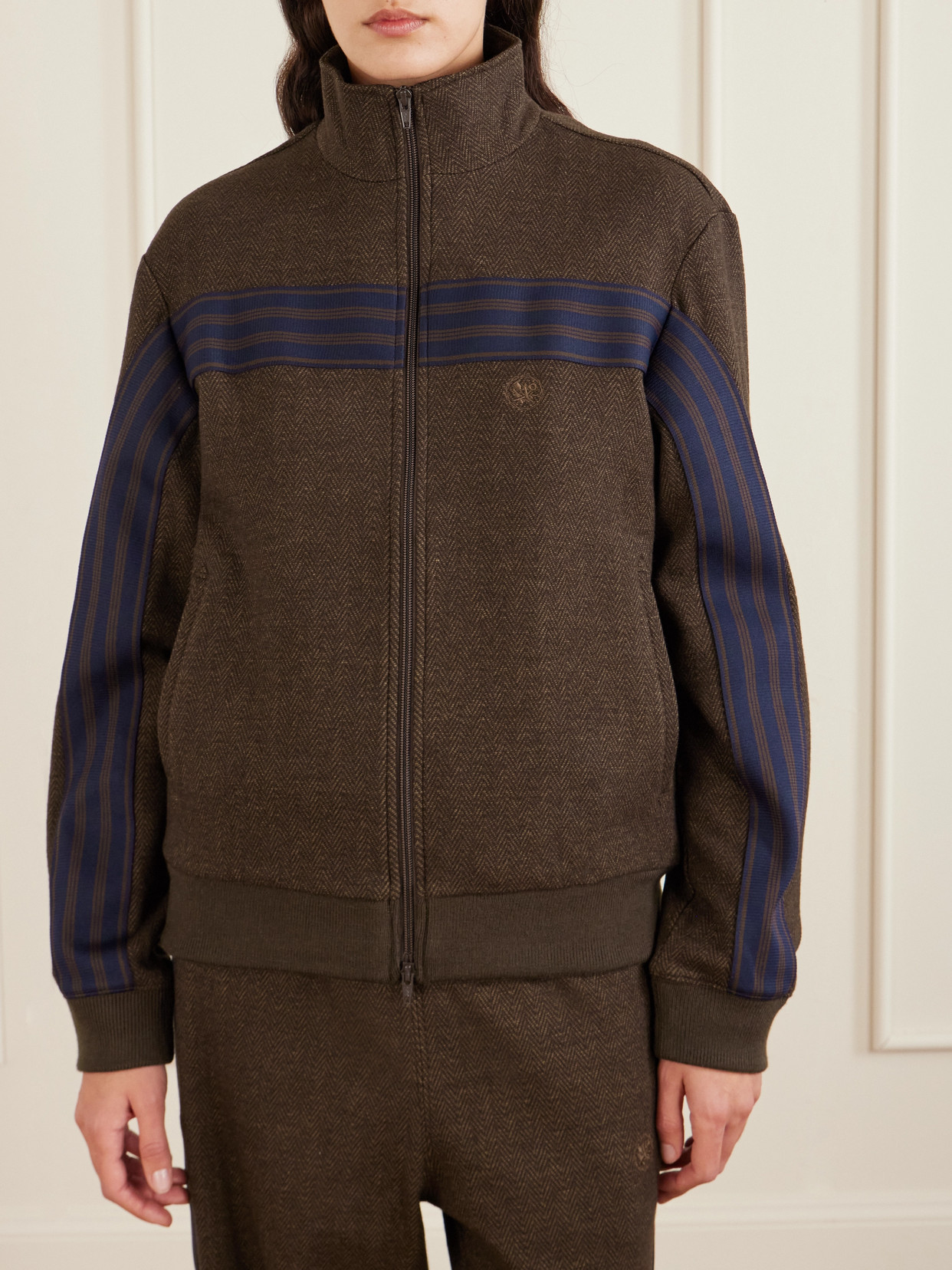 Aimé Leon Dore Striped Herringbone Wool And Cotton-blend Track Jacket In Brown