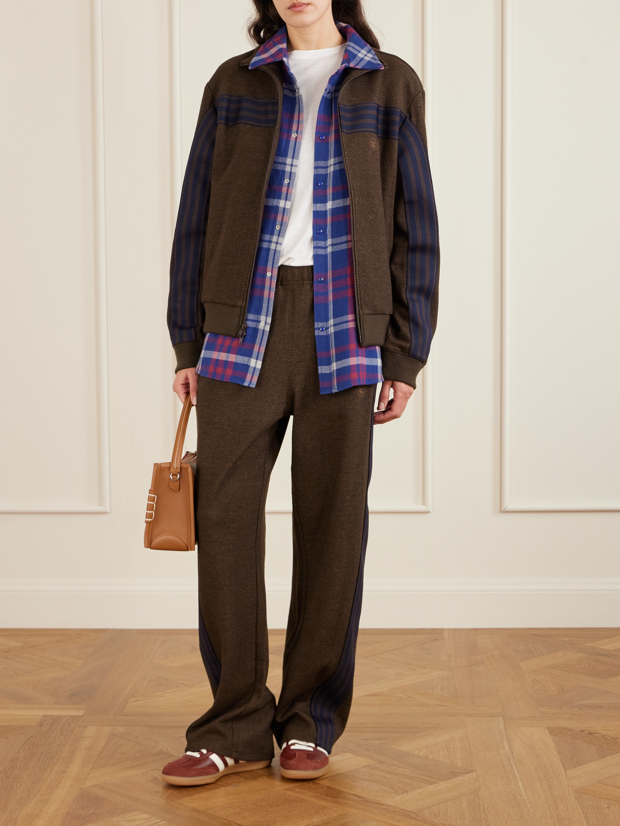 Aimé Leon Dore Striped Herringbone Wool And Cotton-blend Track Jacket In Brown