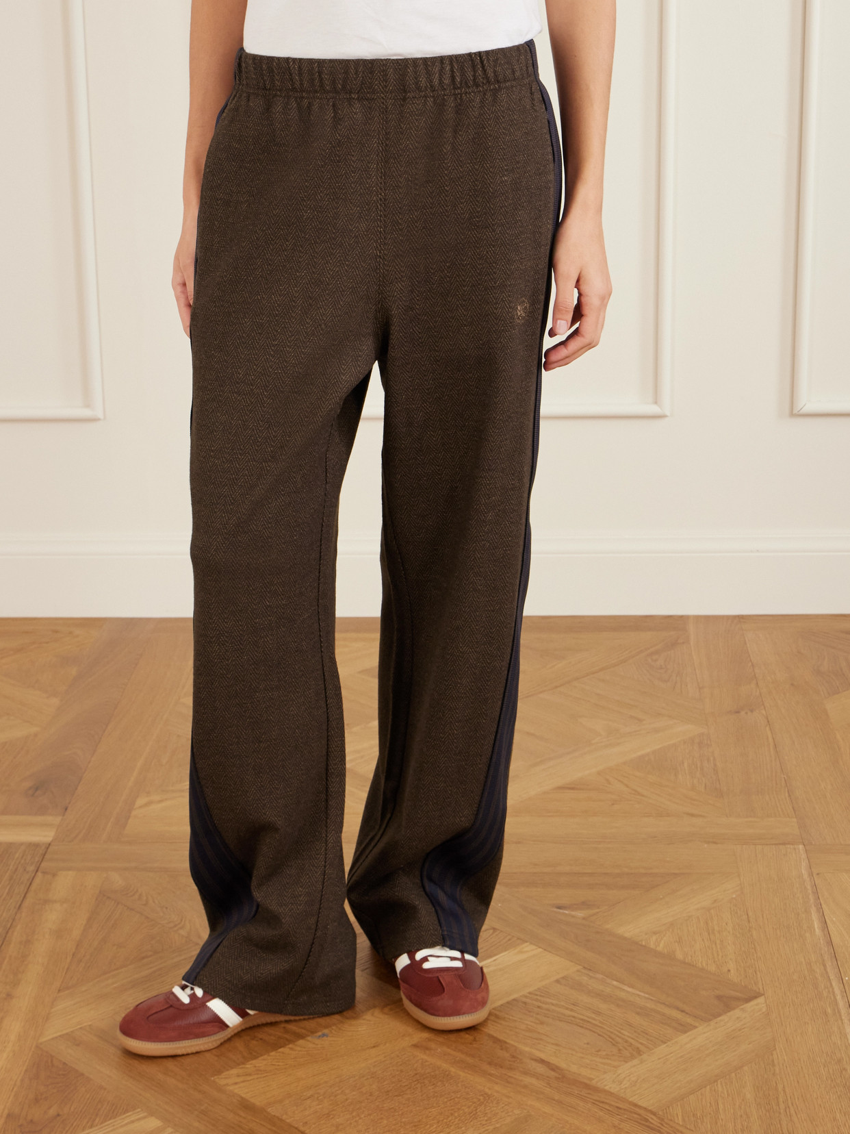 Aimé Leon Dore Striped Herringbone Wool And Cotton-blend Track Pants In Brown