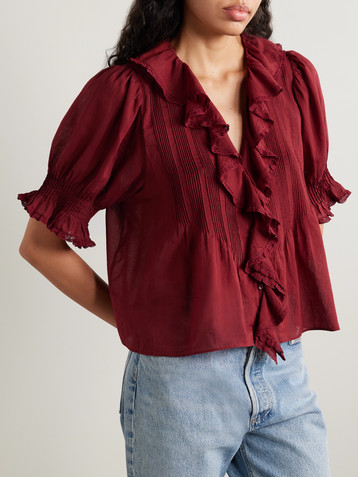 Dôen Henri lace-trimmed ruffled pintucked organic cotton-voile blouse