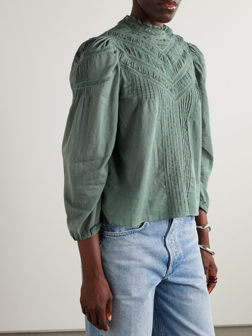 Dôen Adelphine crochet-trimmed pintucked organic cotton-voile blouse