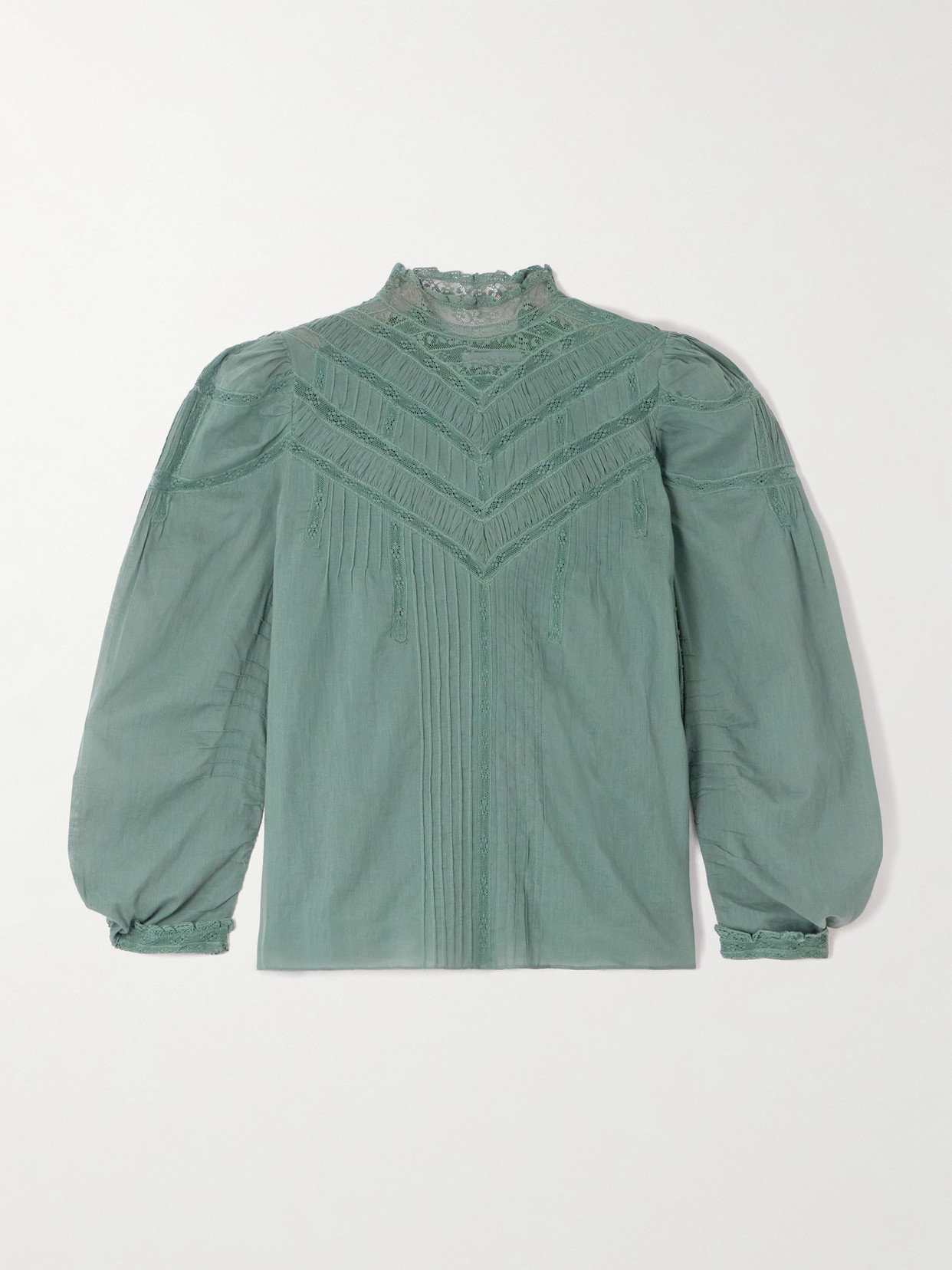 Doen Adelphine Crochet-trimmed Pintucked Organic Cotton-voile Blouse In Green